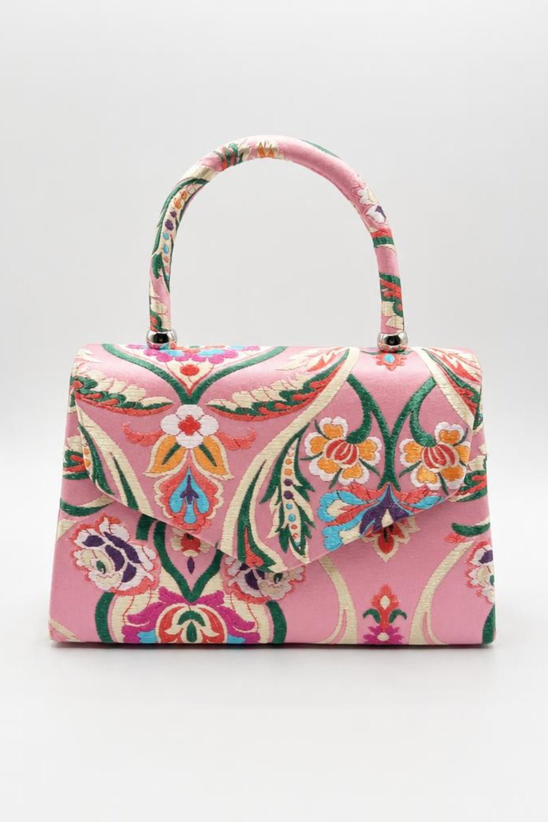 Pink Floral Satin Embroidered Top Handle Bag In Red