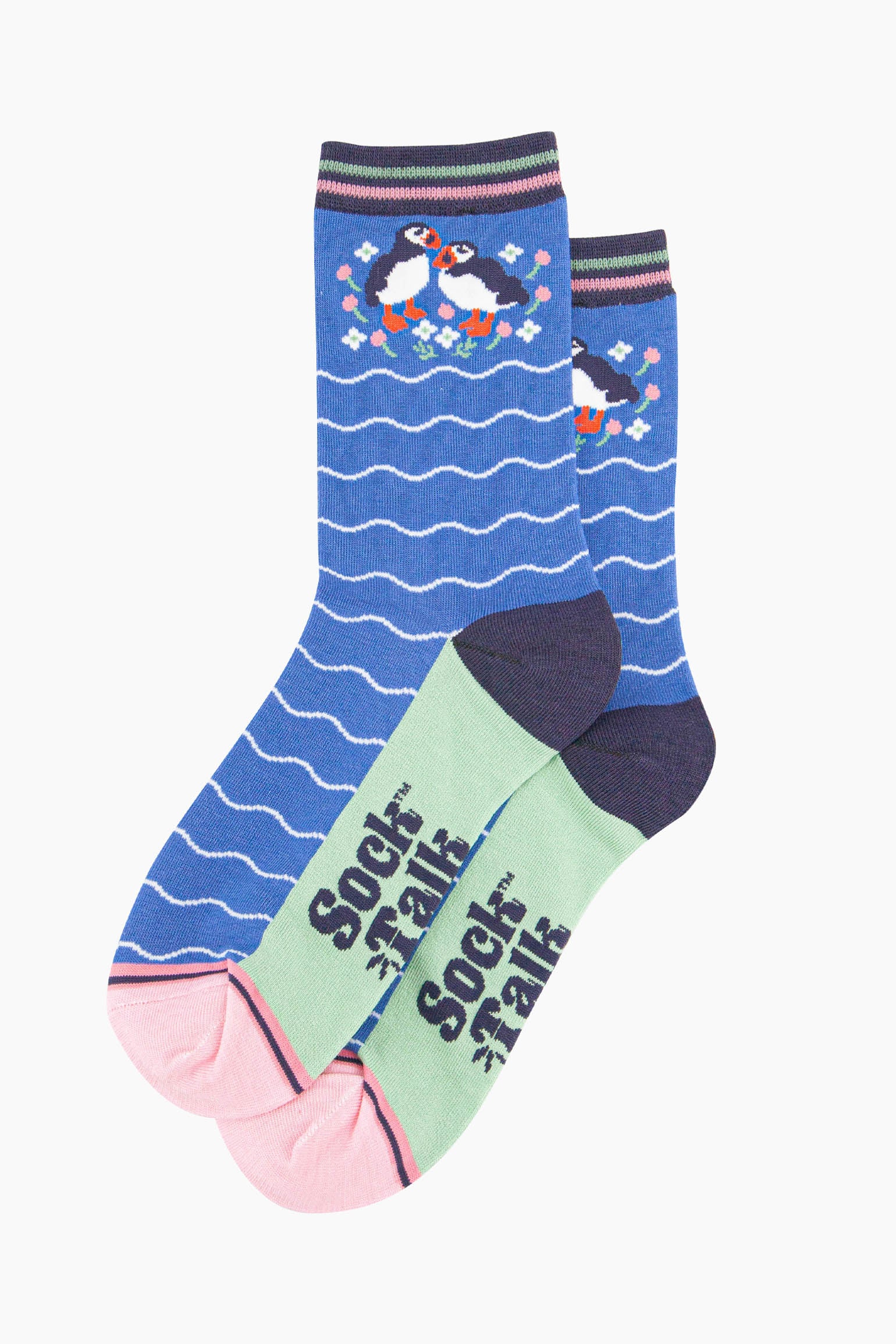 Blue Bamboo Socks - Blue, Puffins and Flowers, Image 2 of 4