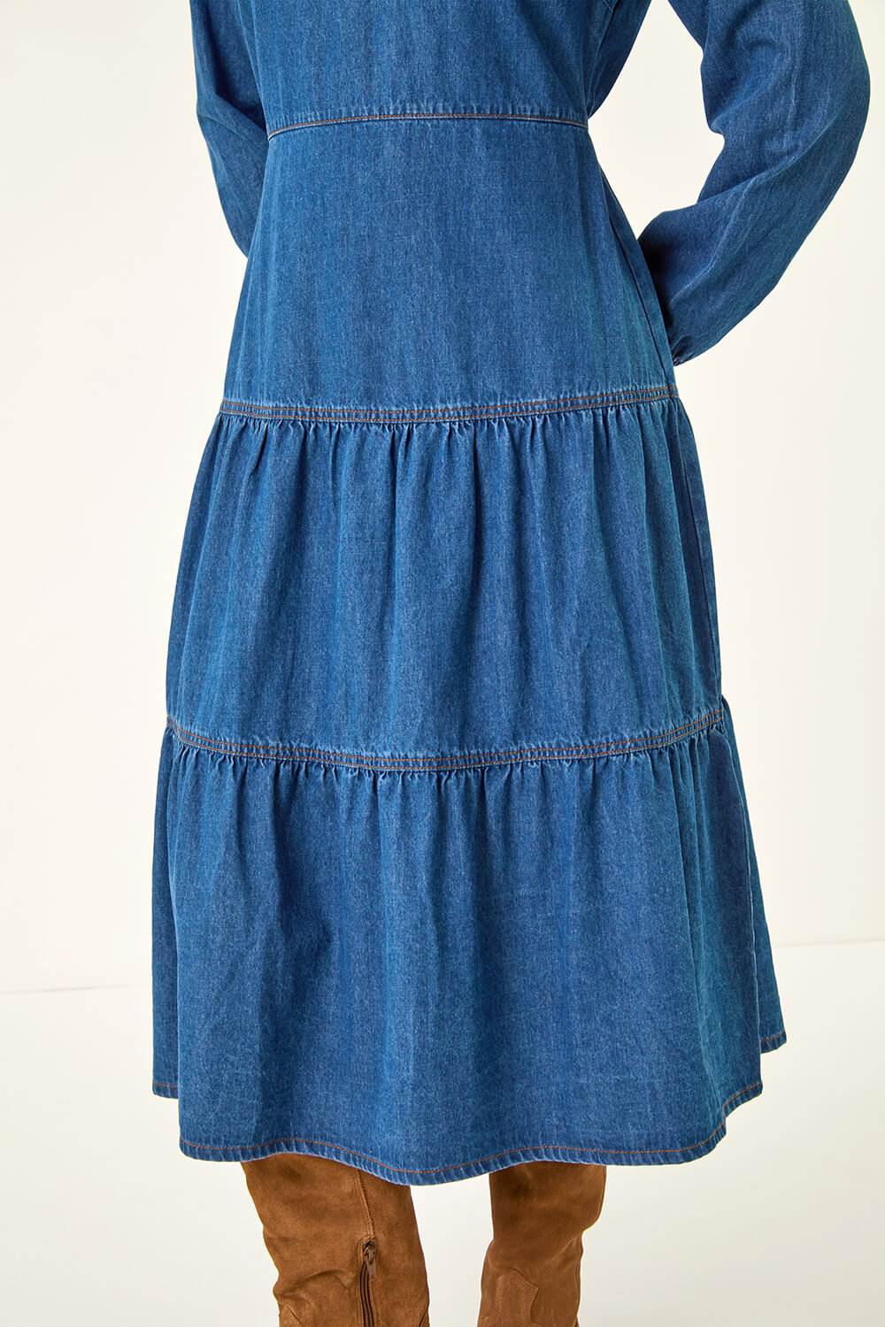 Denim Cotton Denim Tiered Midi Dress, Image 7 of 7