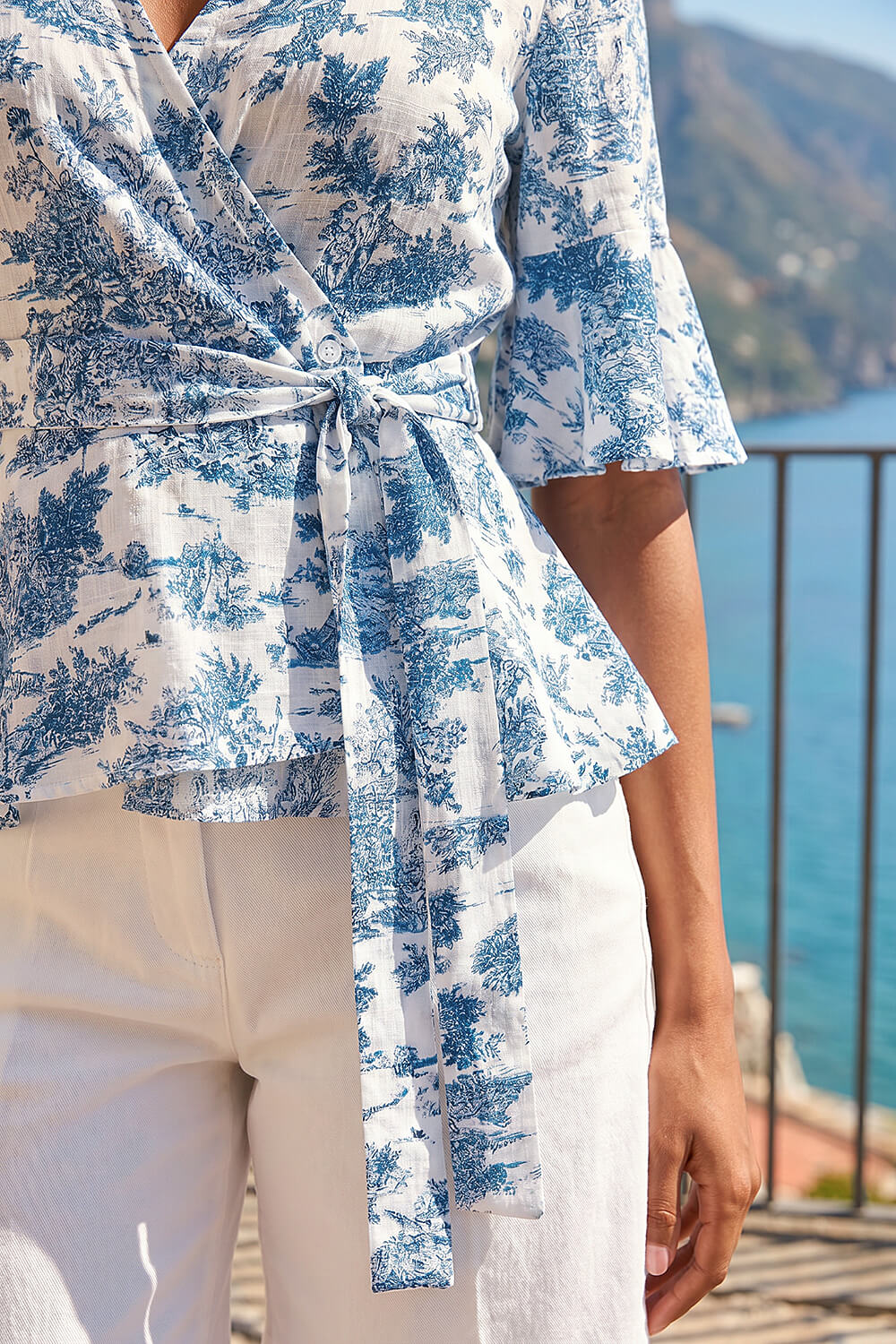Blue Floral Frill Wrap Top, Image 5 of 4