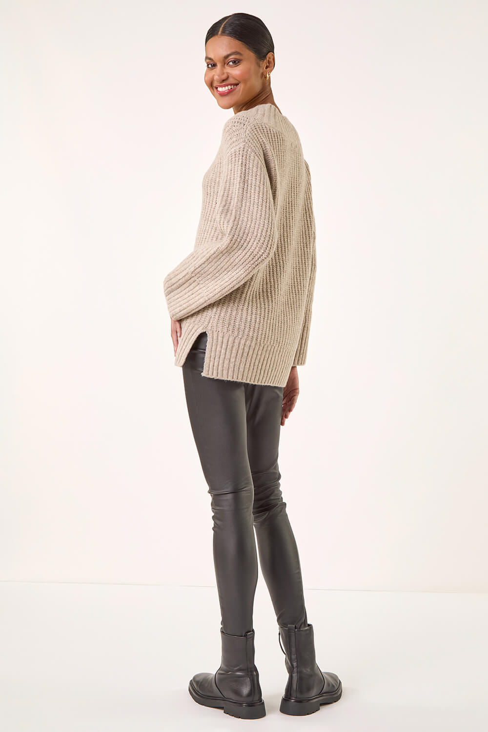 Beige Chunky V-Neck Knit Jumper , Image 4 of 5
