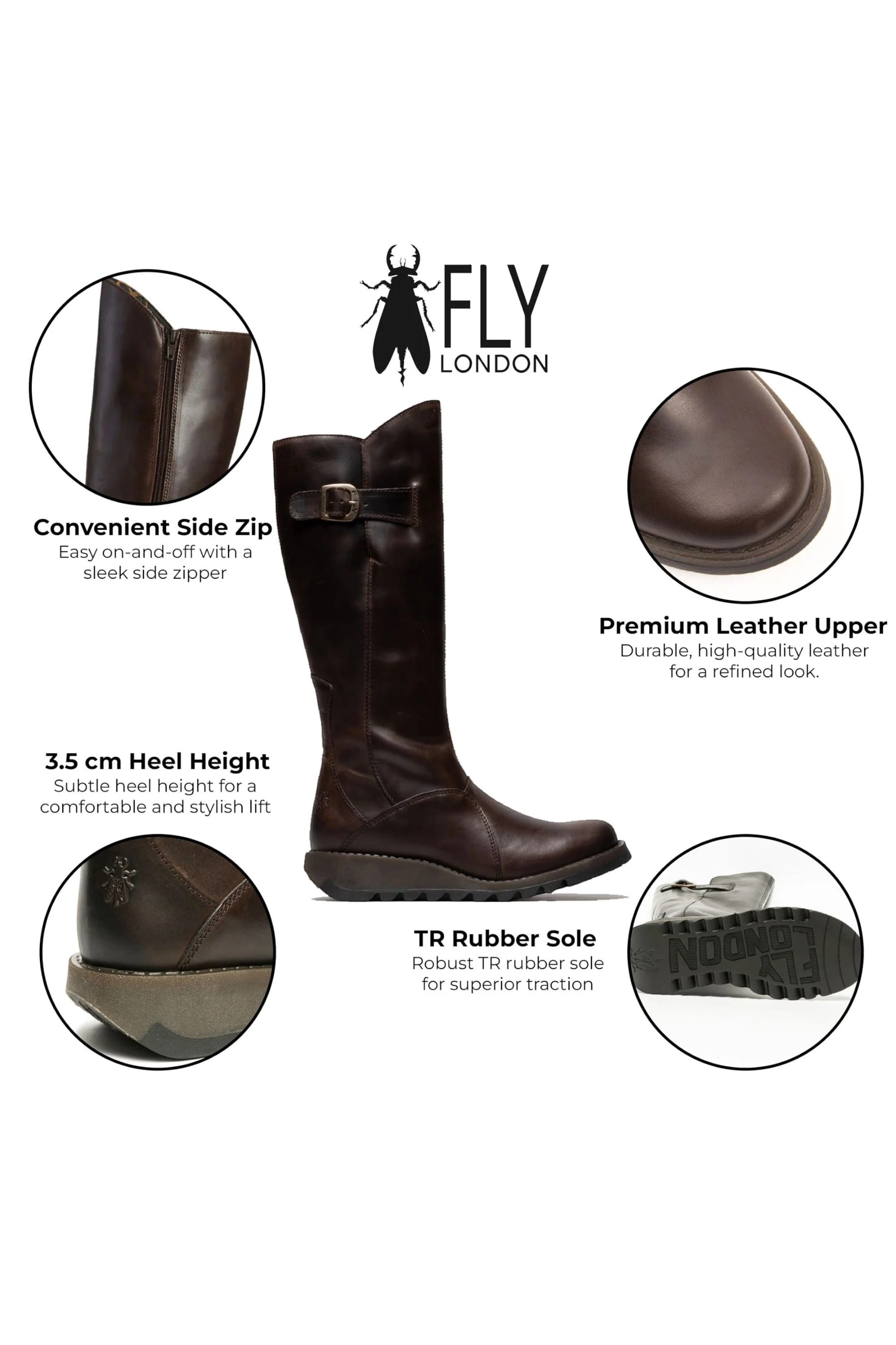Brown Womens Heel Knee High Zip Up Boots-Mol 2, Image 3 of 5