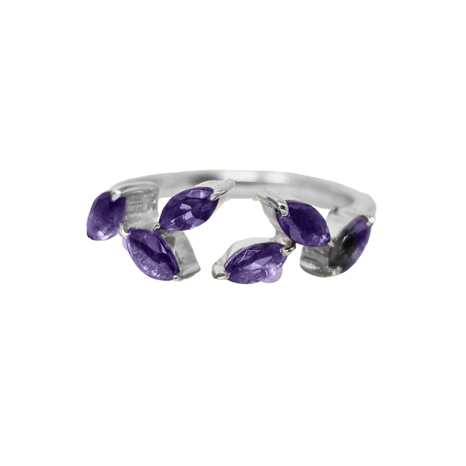 Silver Sterling Silver Open Leaf Ring with Amethyst Gemstones, Image 1 of 2