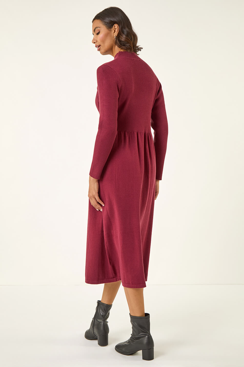 Burgundy Ribbed Knit High Neck Midi Dress, Image 4 of 5