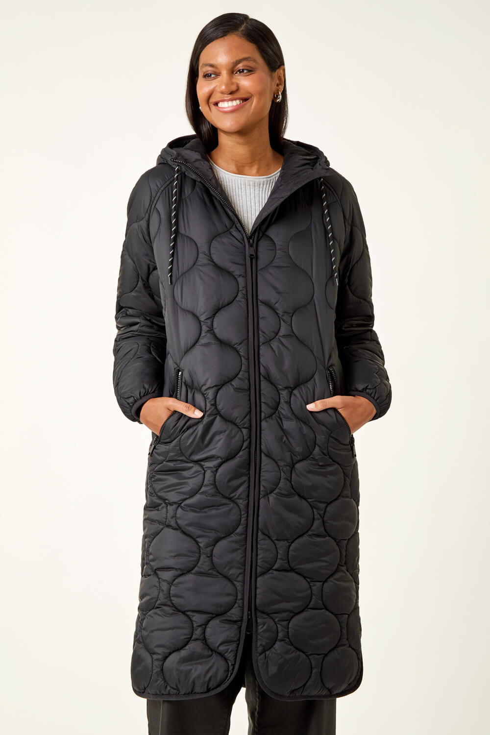 Black Fleece Lined Quilted Hooded Coat | Roman UK