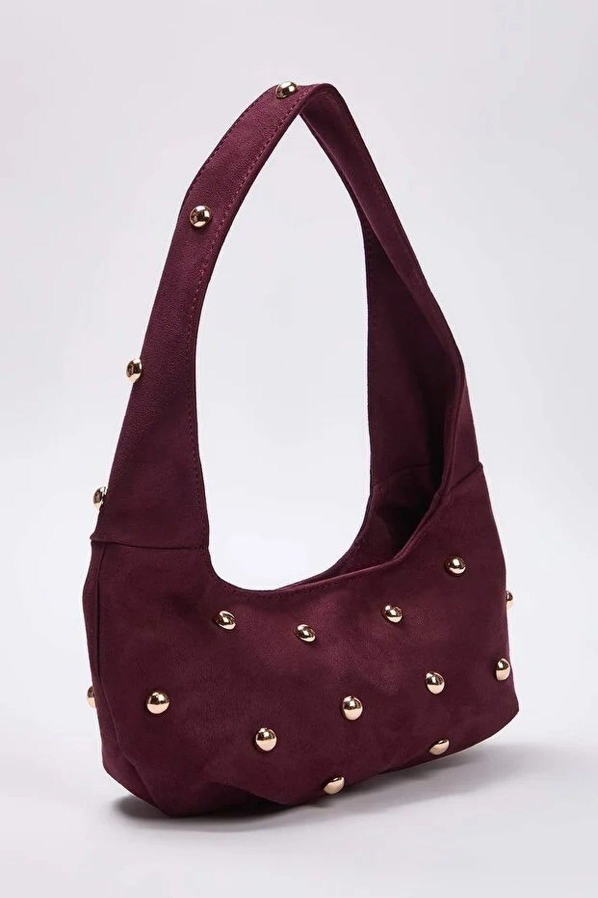 Burgundy Studded Suede Hobo Shoulder Bag, Image 2 of 4