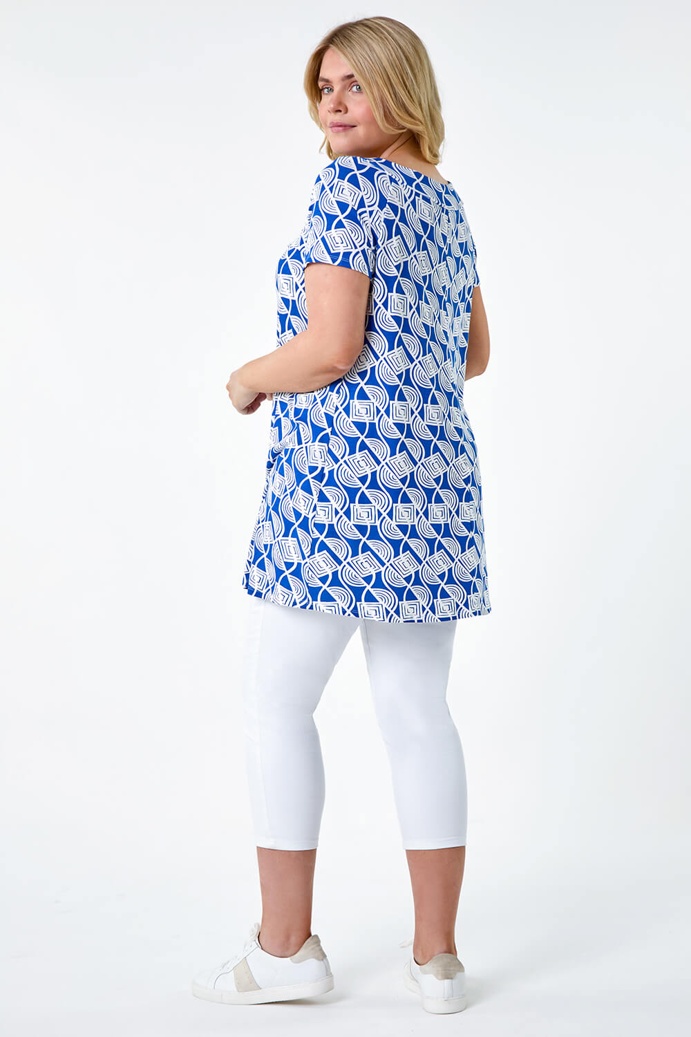 Blue Curve Geometric Print Stretch Tunic Top, Image 4 of 5