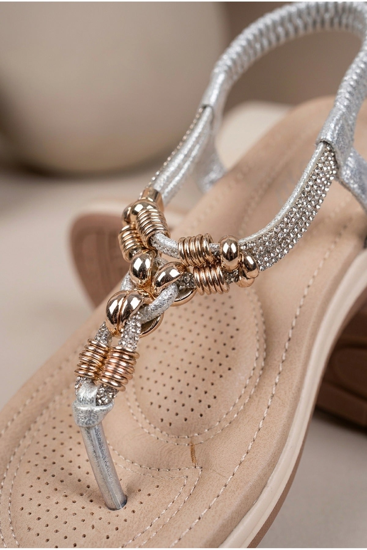 Silver iKrush Silver Pearl Embellished T Bar Flat Sandals, Image 3 of 5