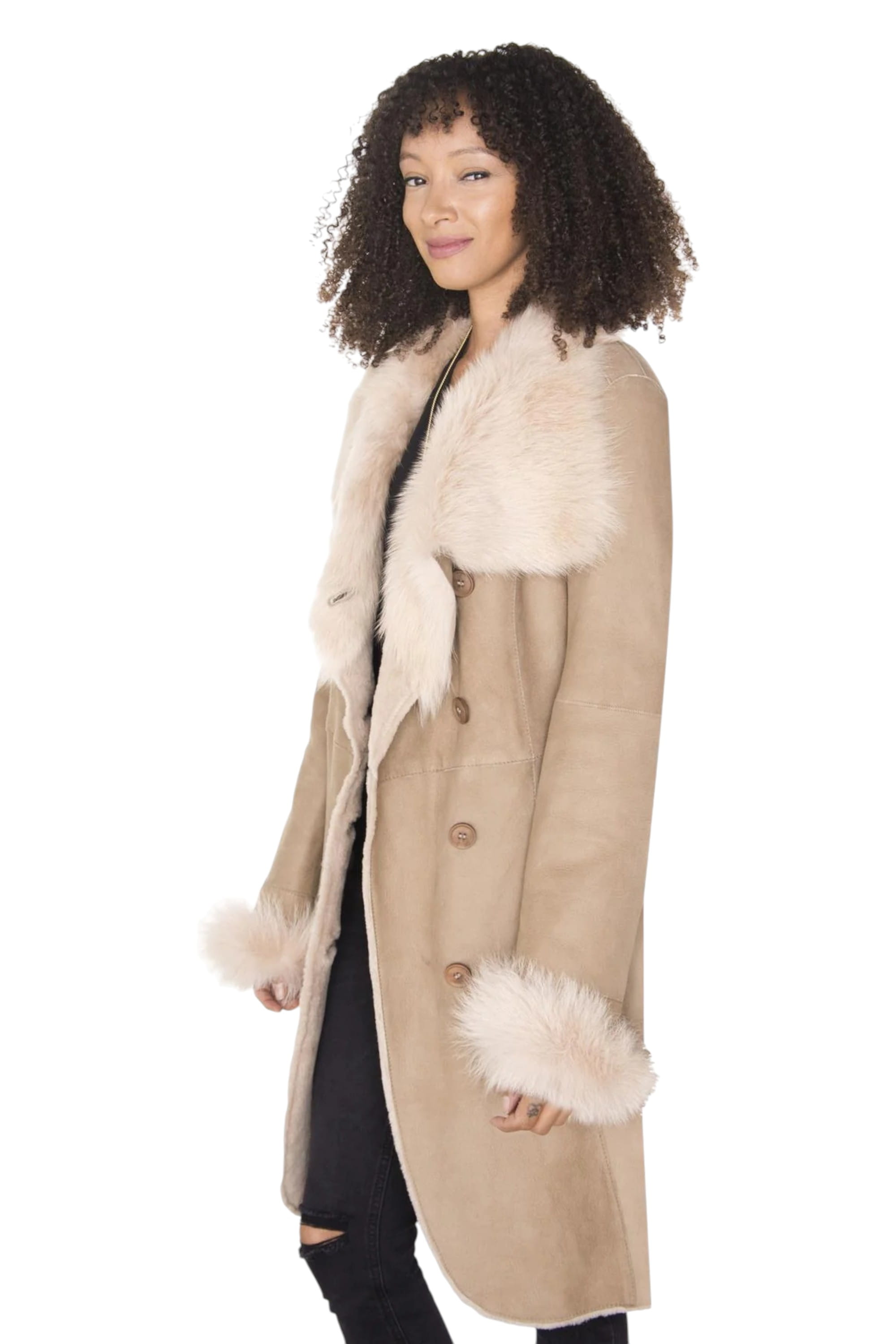 Beige Toscana Collar Merino Shearling Coat, Image 4 of 4