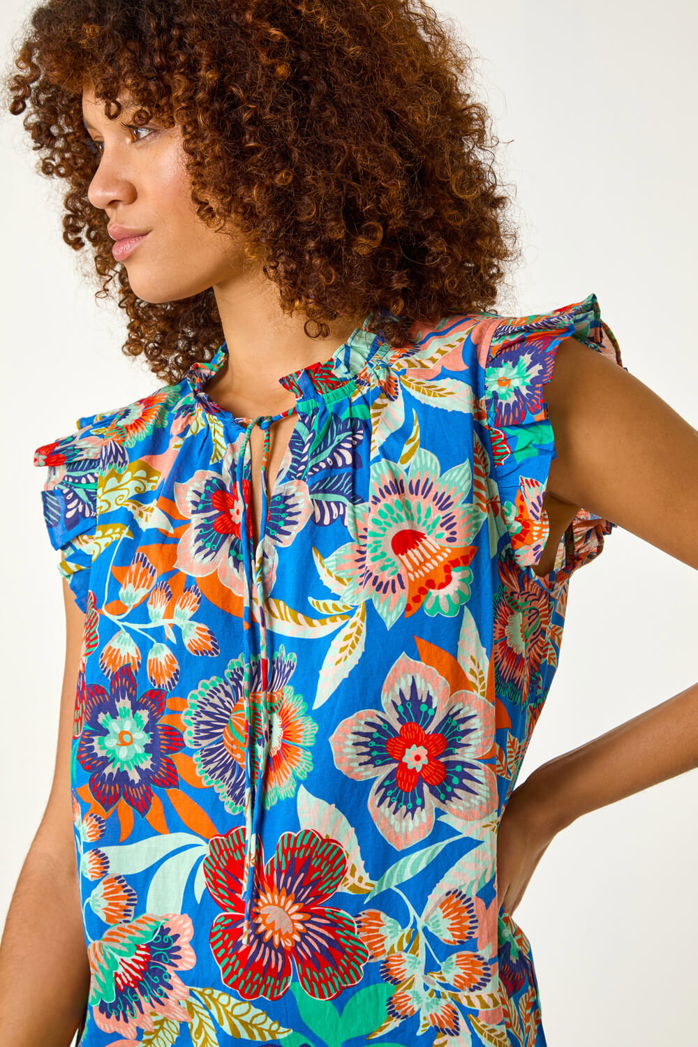 Blue Floral Printed Frill Sleeve Top, Image 1 of 5