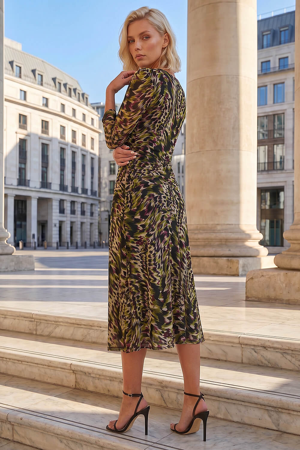 Green Petite Printed Mesh Ruched Midi Dress, Image 4 of 4