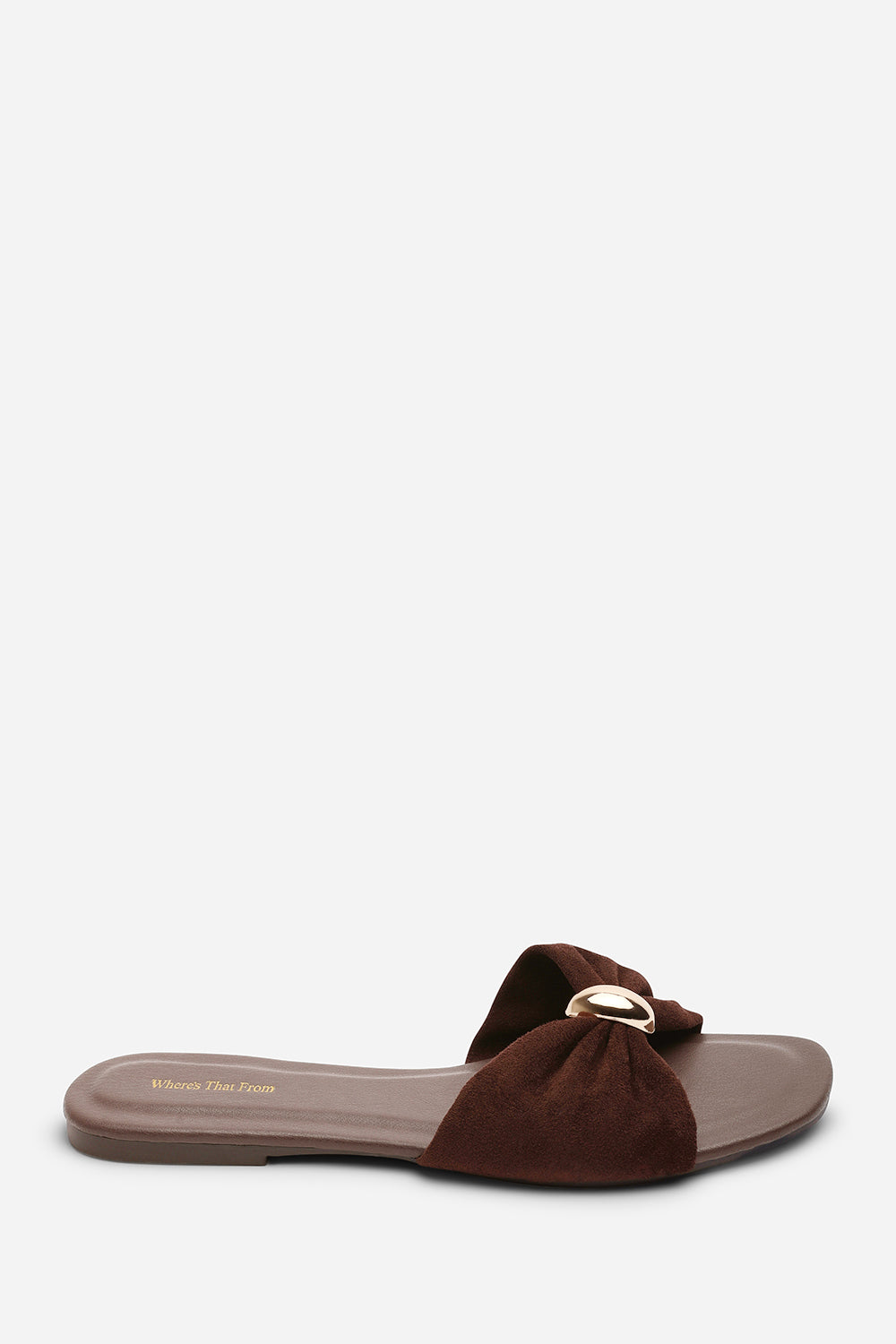 Dark Brown Where's That From Dark Brown Arc Ruched Buckle Slide On Sandal, Image 2 of 6