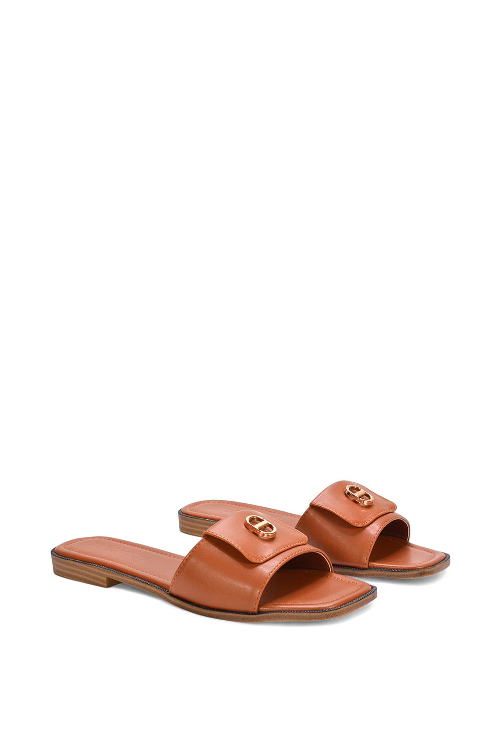 Tan 'Leigh' Open Toe Foldover Buckle Slip On Flat Slider Mules, Image 3 of 5