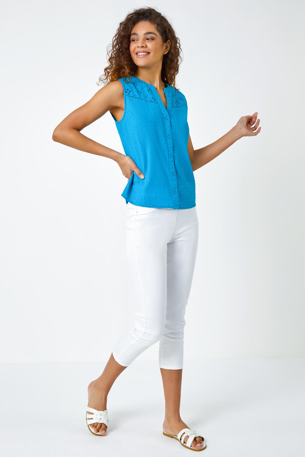 Teal Sleeveless Embroidered Cotton Blouse, Image 3 of 5