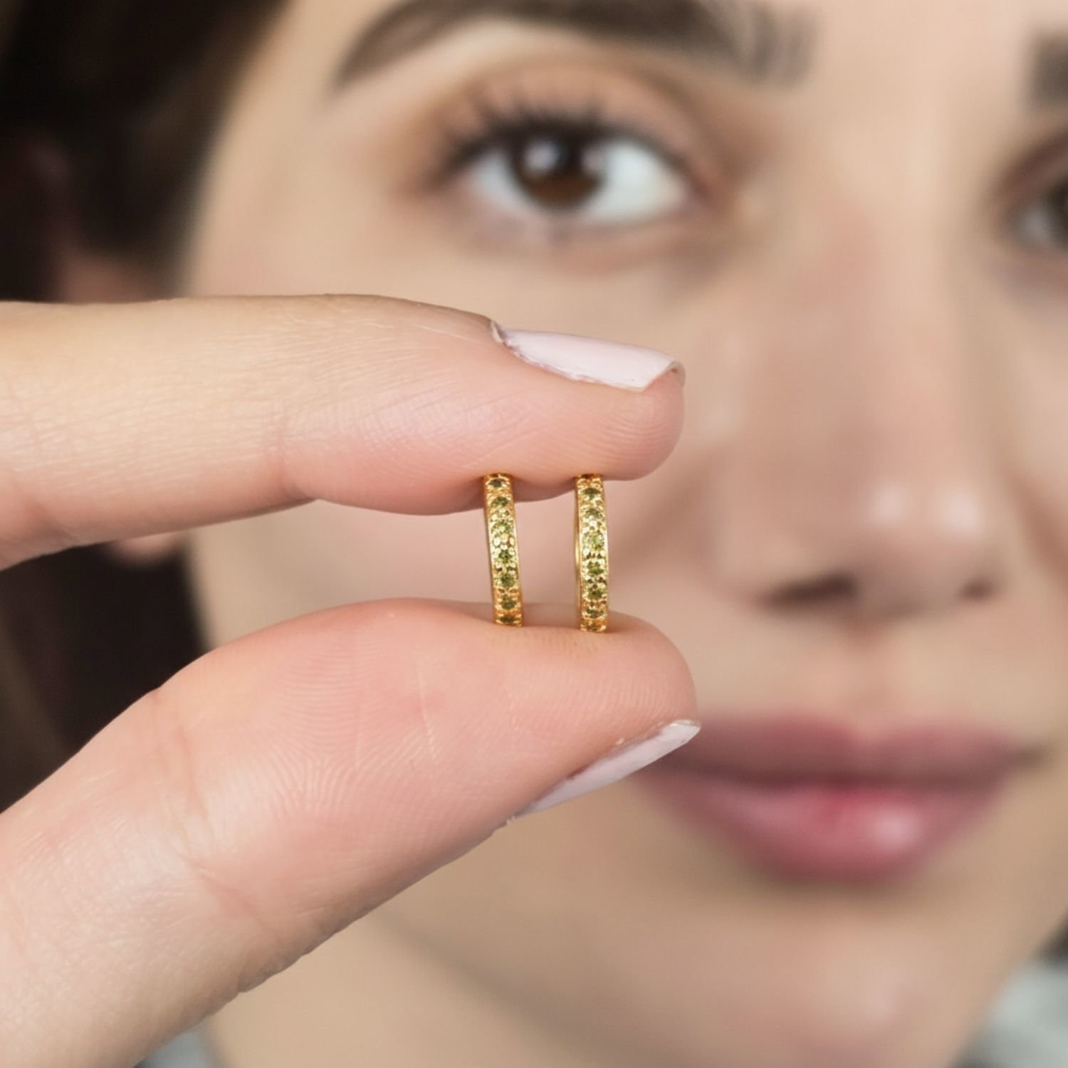 Green Peridot August Birthstone Small Huggie Hoop Earrings, Image 2 of 5