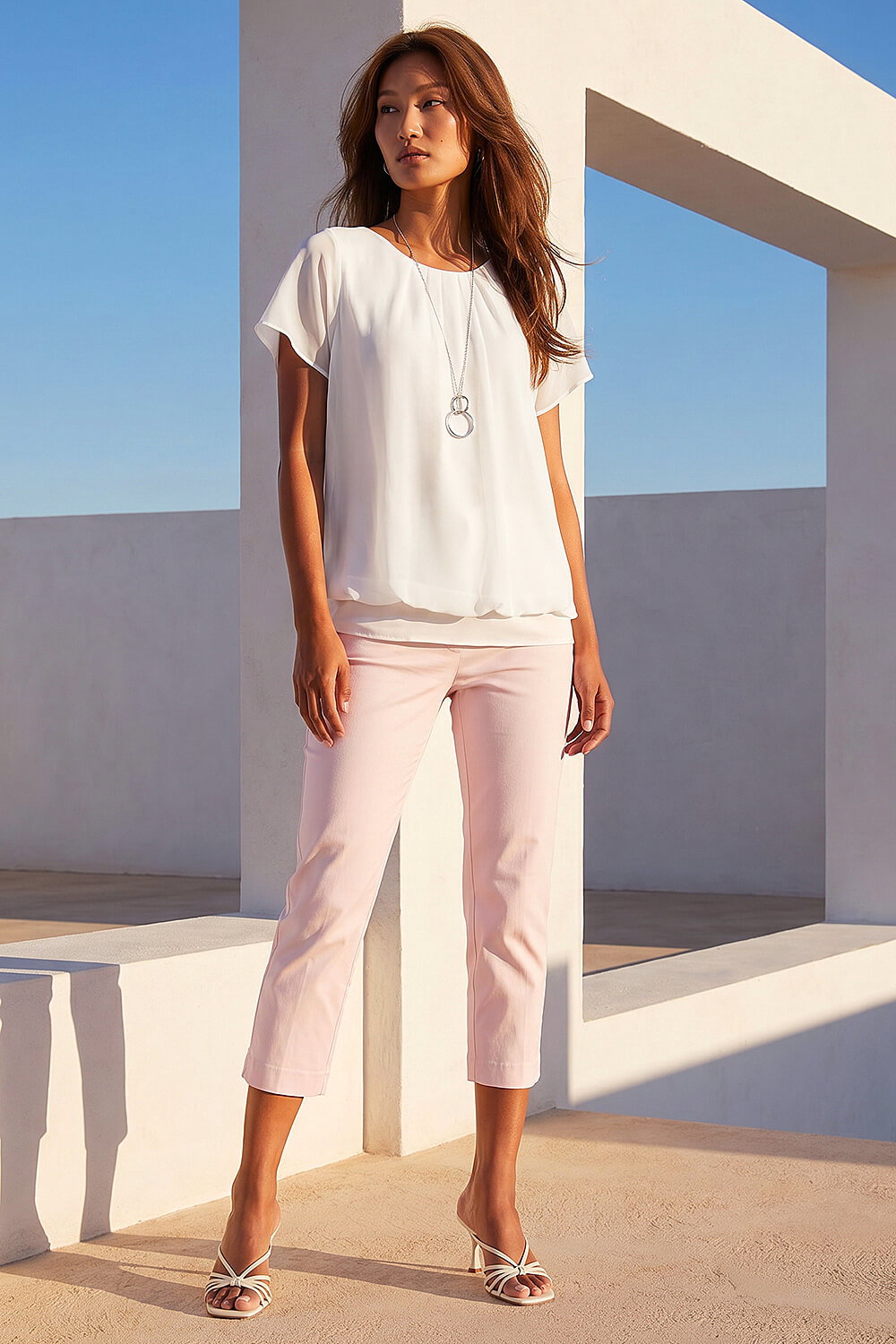 Ivory Chiffon Jersey Blouson Top with Necklace, Image 3 of 4