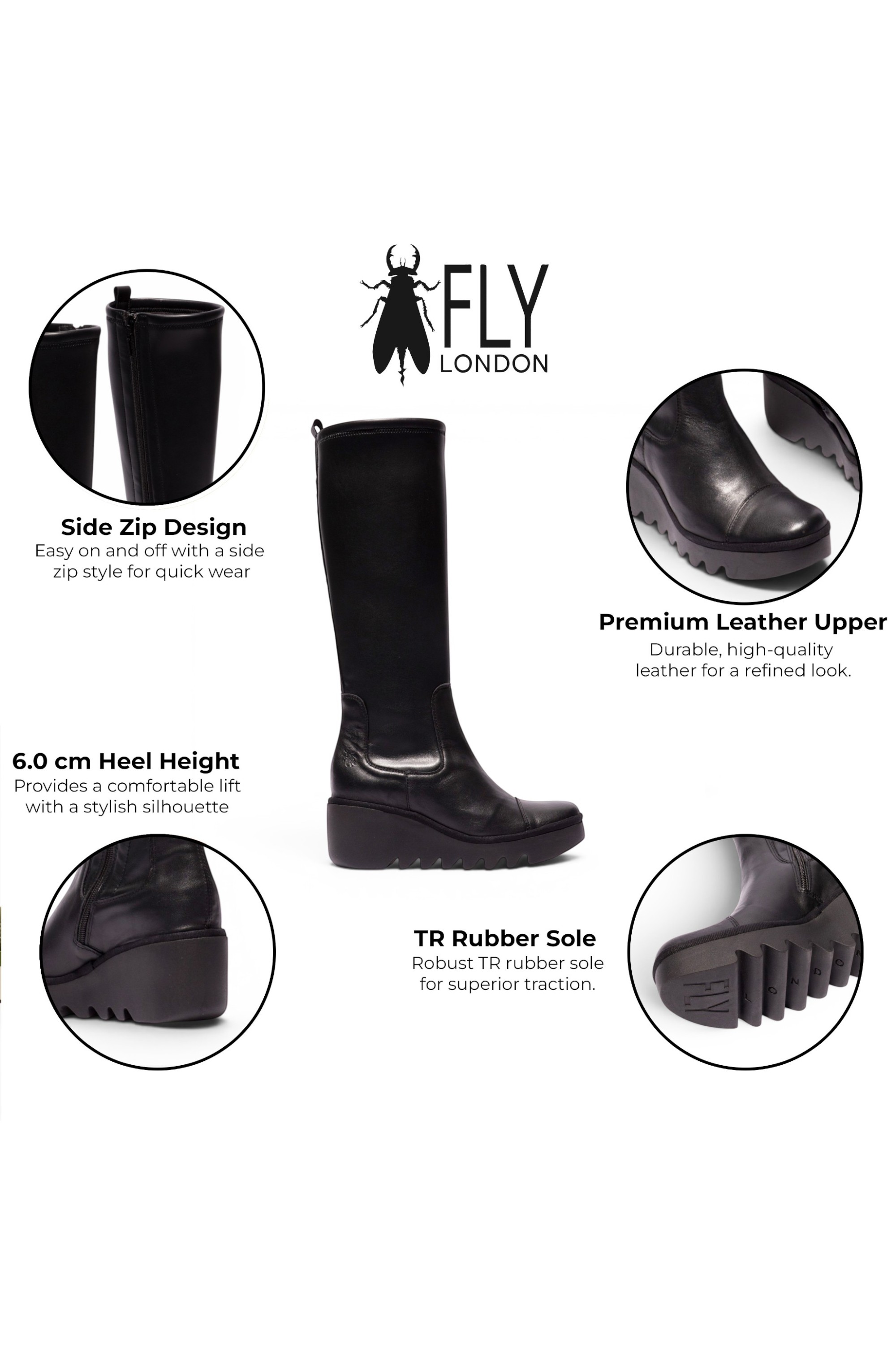 Black Womens Leather High Wedge Boots-BUDI603, Image 3 of 5