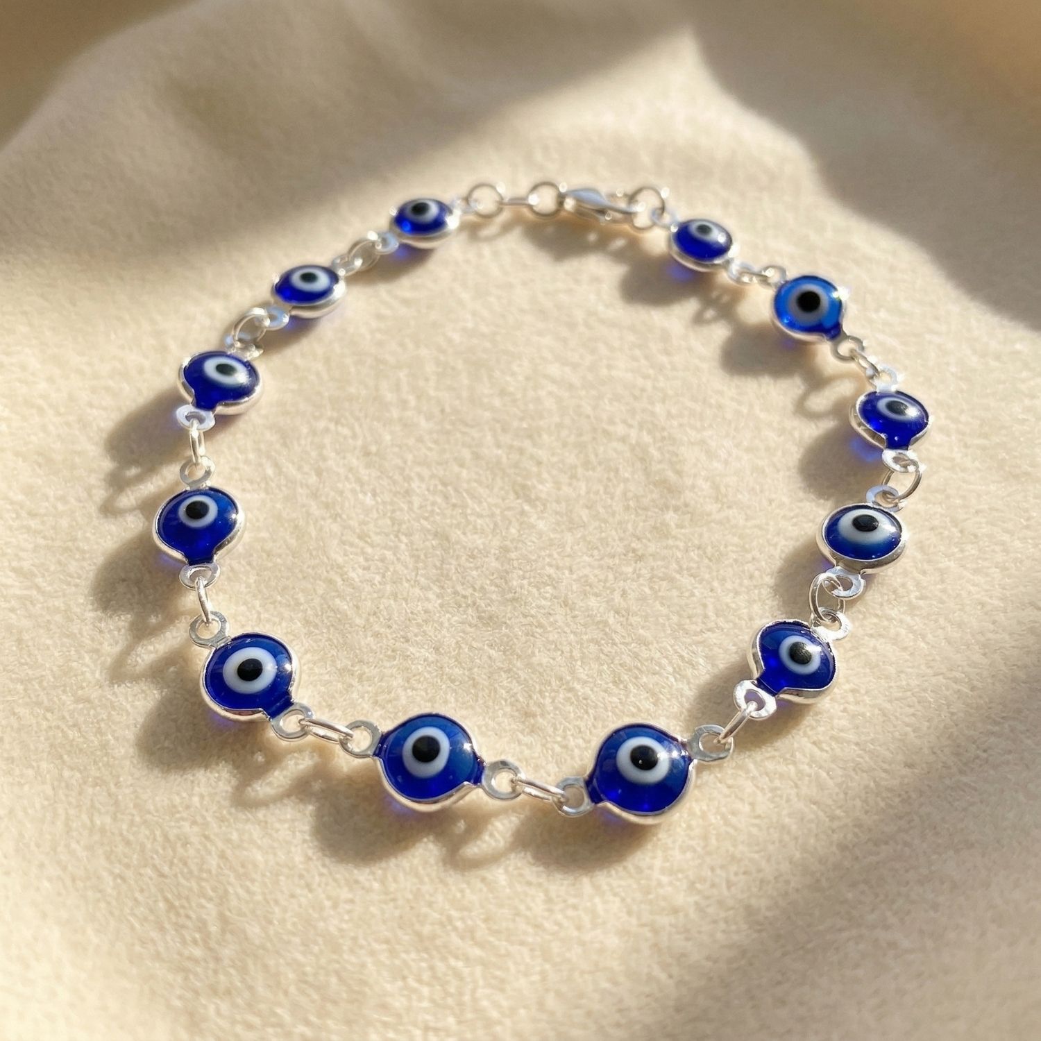 Metallic Evil Eye Rhodium Plated Silver Protection Bracelet