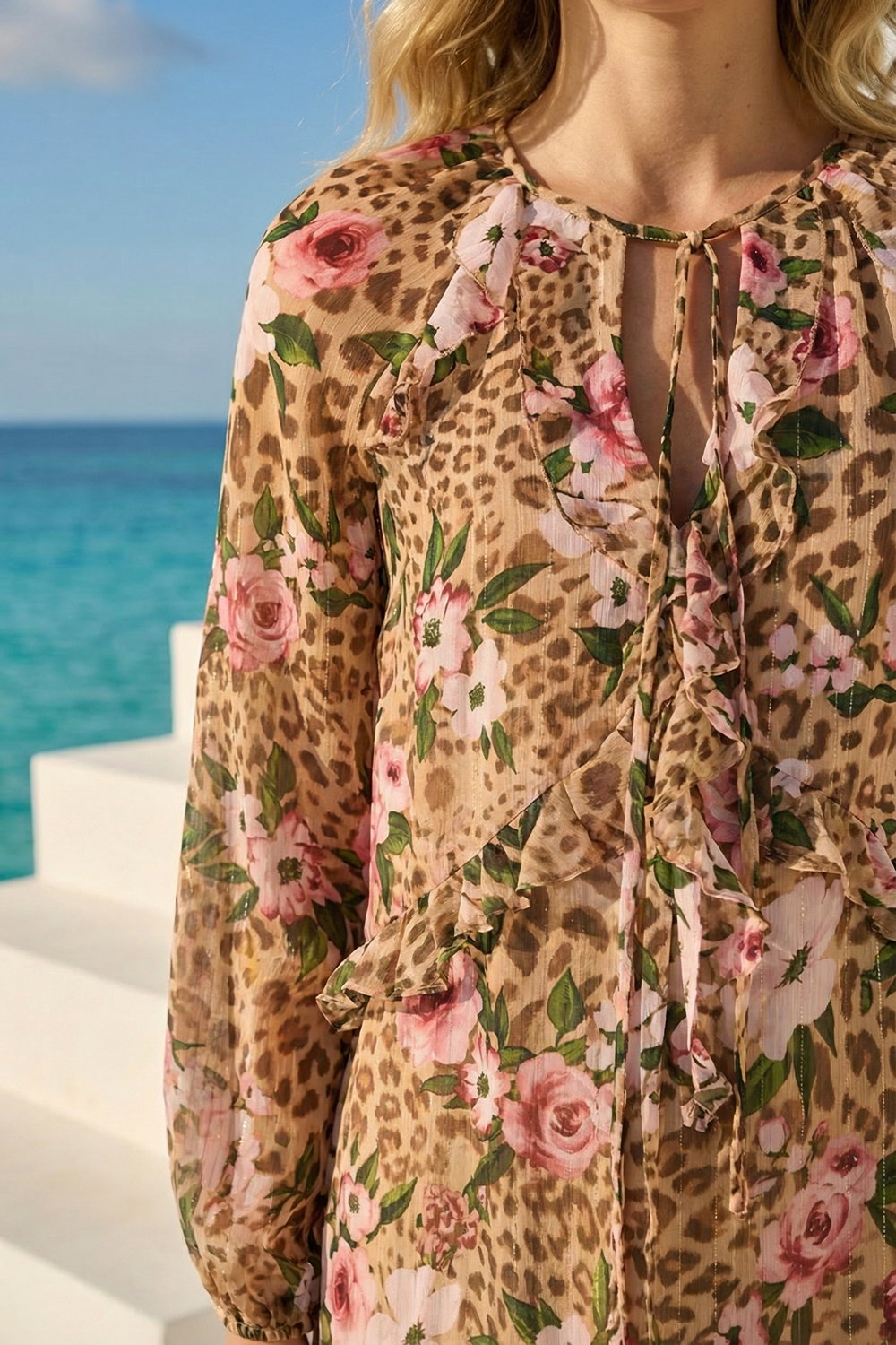 Neutral Floral Animal Print Frill A-Line Dress, Image 5 of 4
