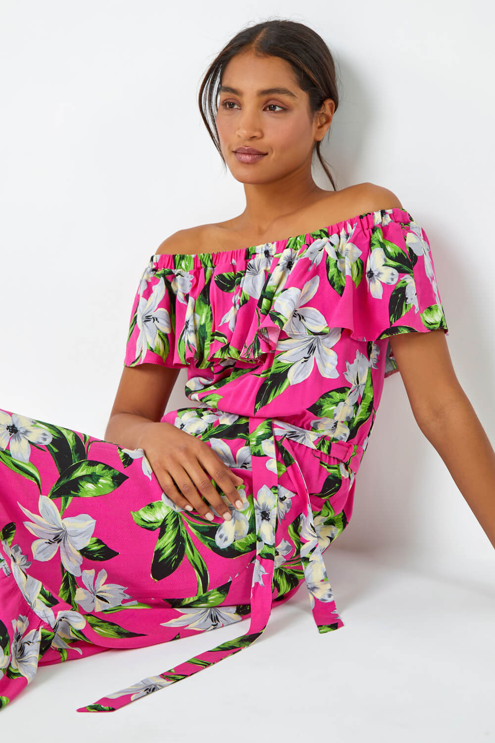 Fuchsia Tropical Bardot Stretch Midi Dress, Image 4 of 5