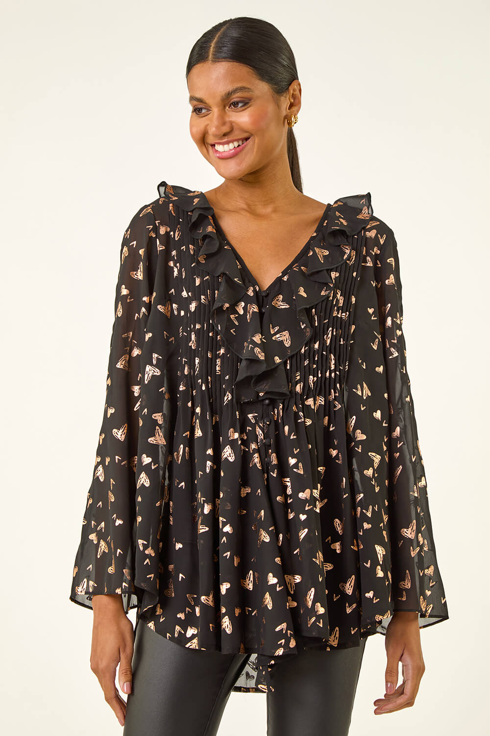 Rose Foil Heart Print Frill Front Blouse, Image 3 of 5