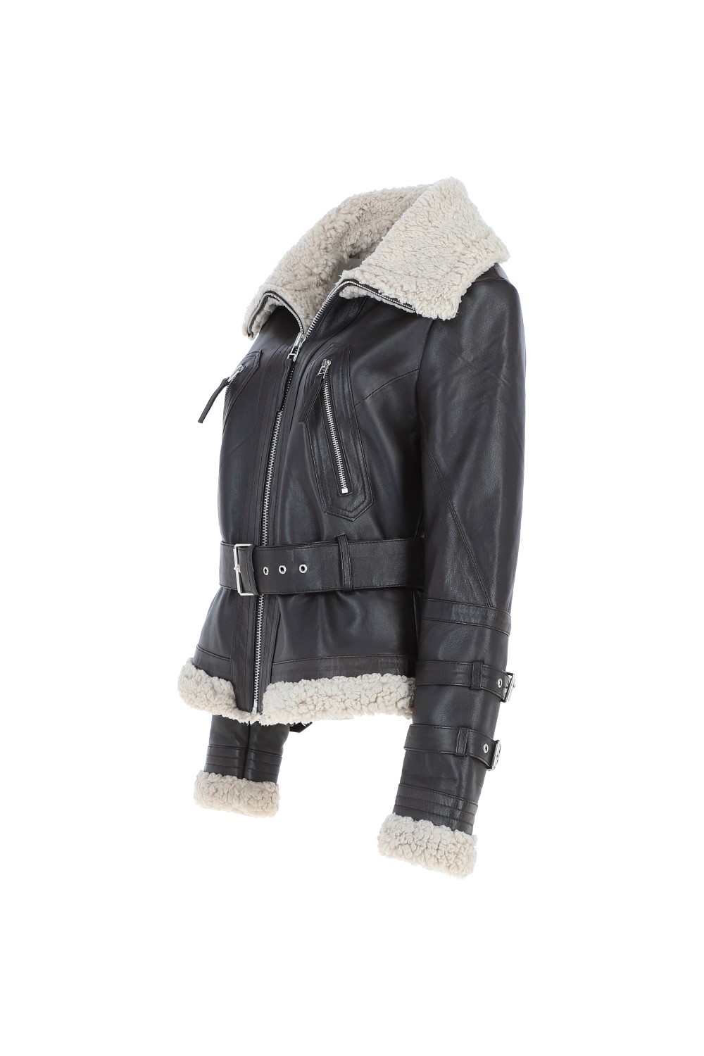Chocolate '2420' Ladies Leather Aviator Jacket With Oversized Fur Collar, Image 3 of 5