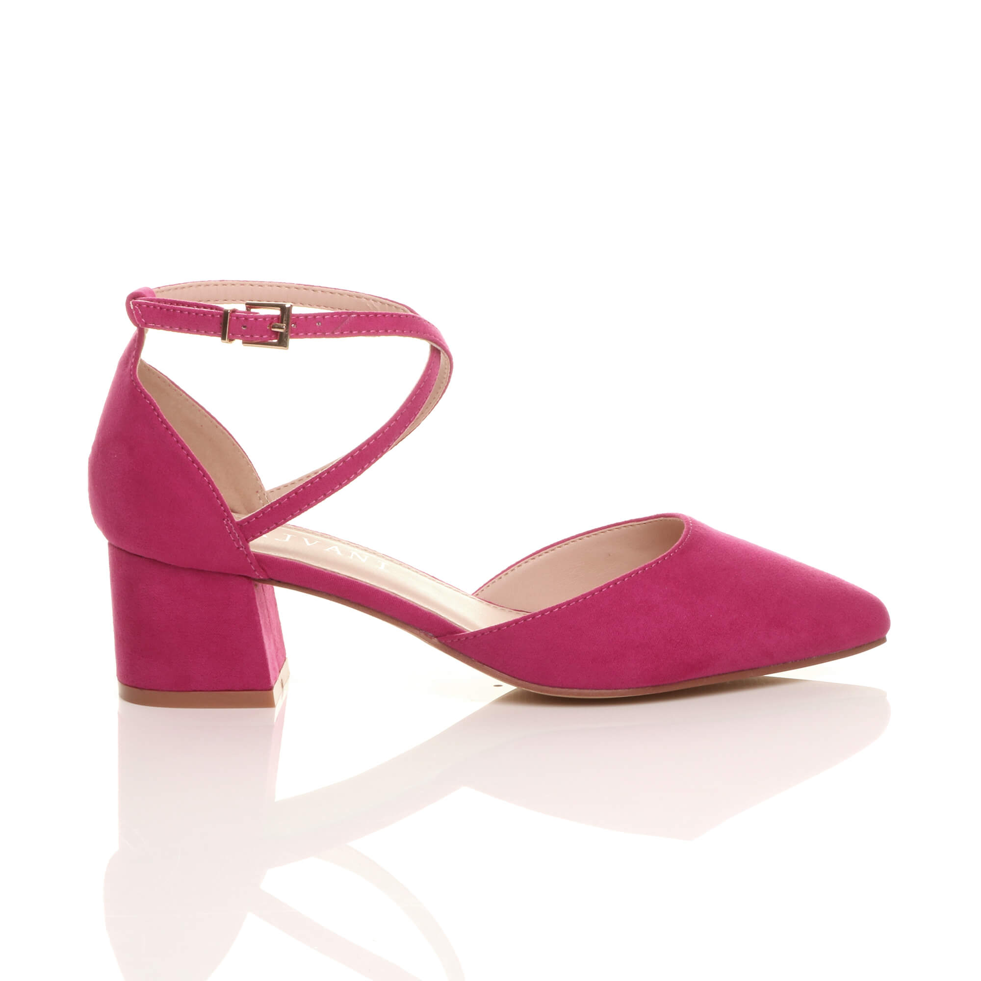 Fuchsia AJVANI Fuchsia Mid Block Heel Crossed Strap Pointed Toe 2 Part Heels, Image 2 of 6