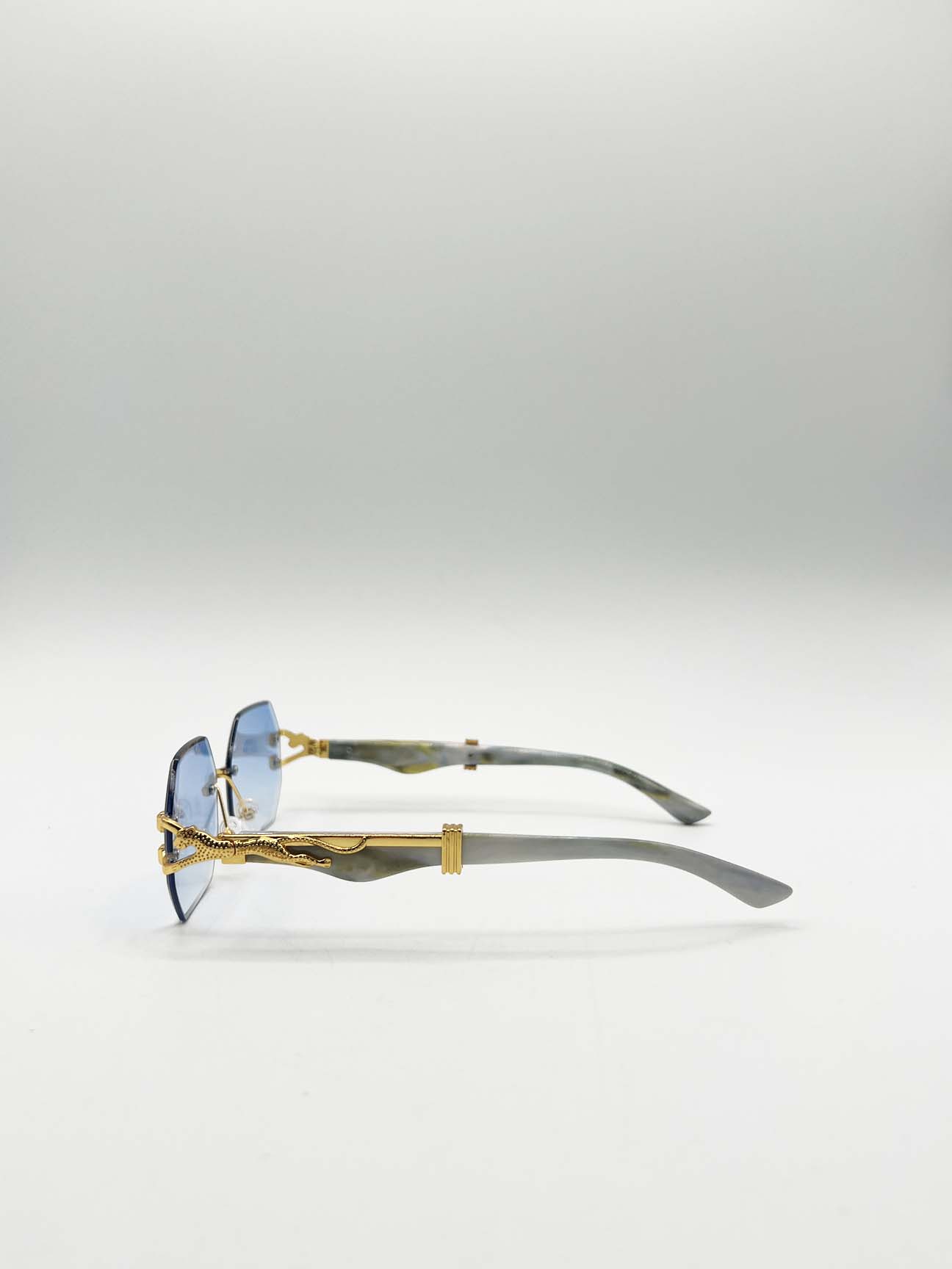 Blue Rimless Oval Geometric Sunglasses, Image 5 of 6