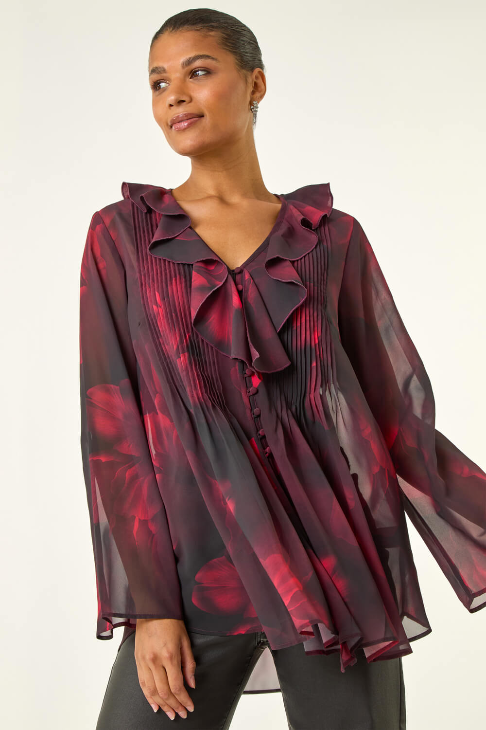 Red Printed Frill Front Blouse, Image 5 of 5