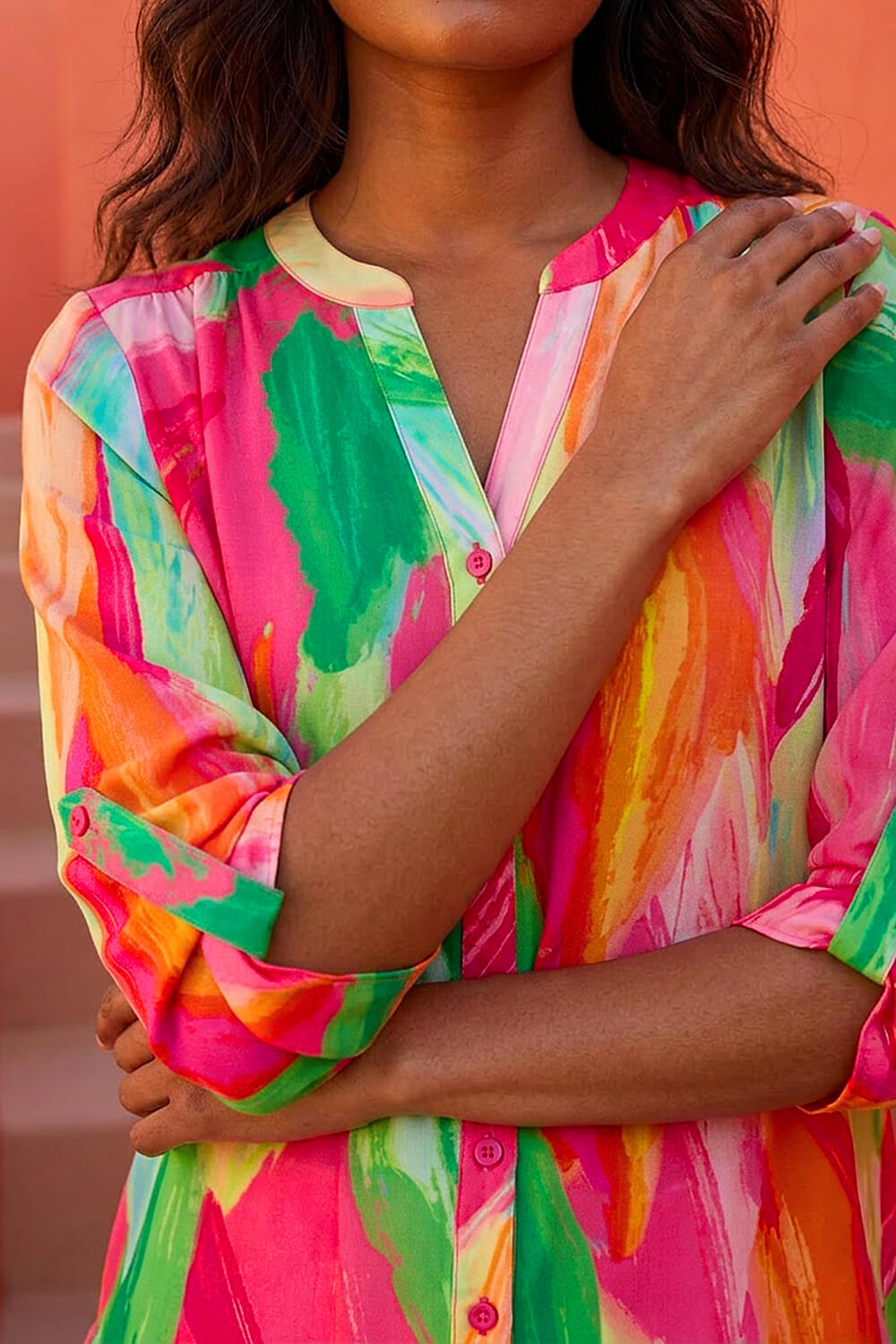 Pink Abstract Print V-Neck Button Up Blouse, Image 5 of 4