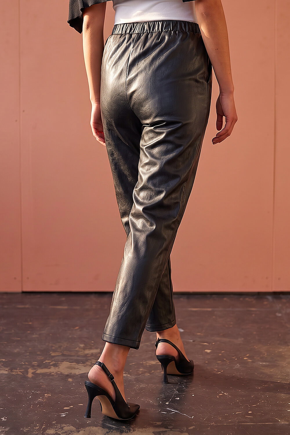 Black Petite Faux Leather Textured Drawstring Trouser, Image 4 of 4