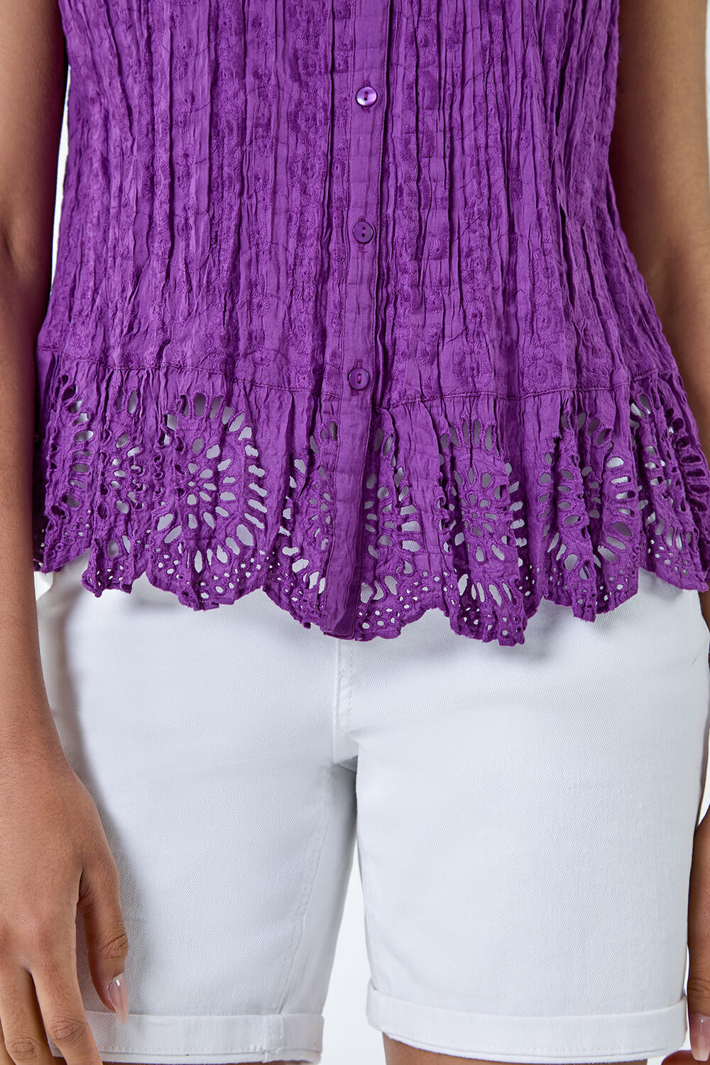 Purple Cotton Embroidered V-Neck Crinkle Blouse, Image 5 of 6