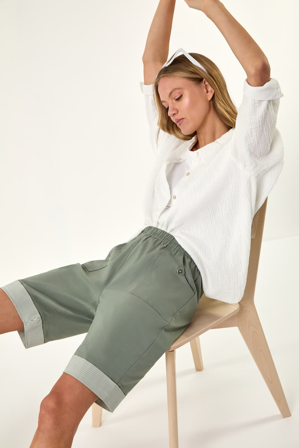 Khaki Bengaline Turn Up Stripe Shorts, Image 1 of 5