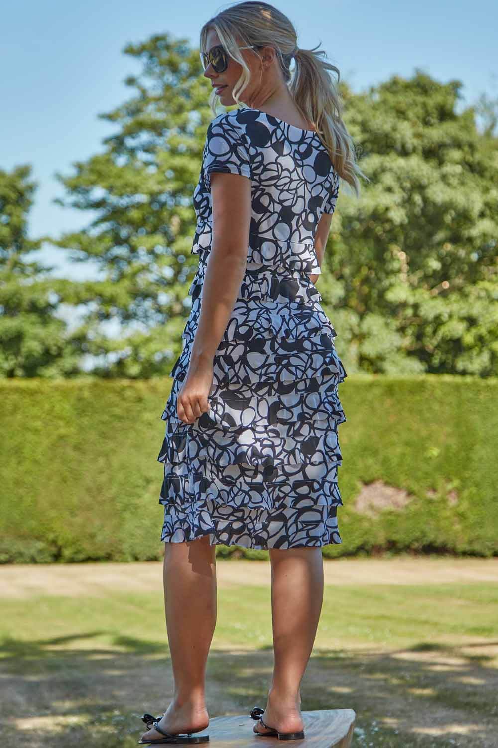 Black Monochrome Print Frill Tiered Dress, Image 3 of 4
