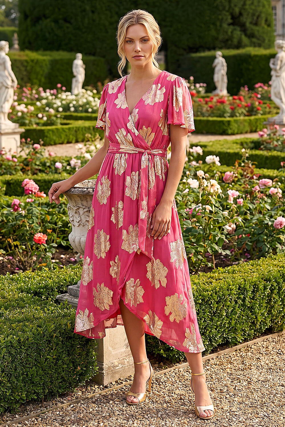Pink Jacquard Midi Wrap Dress | Roman UK