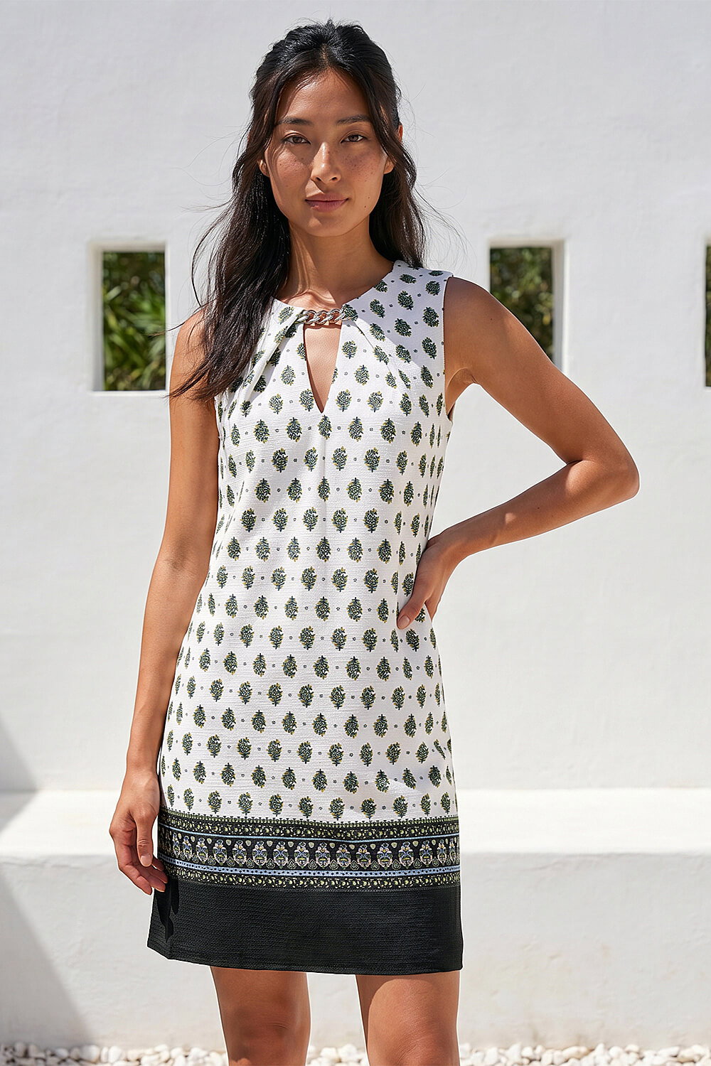 White Petite Border Print Dress, Image 3 of 4