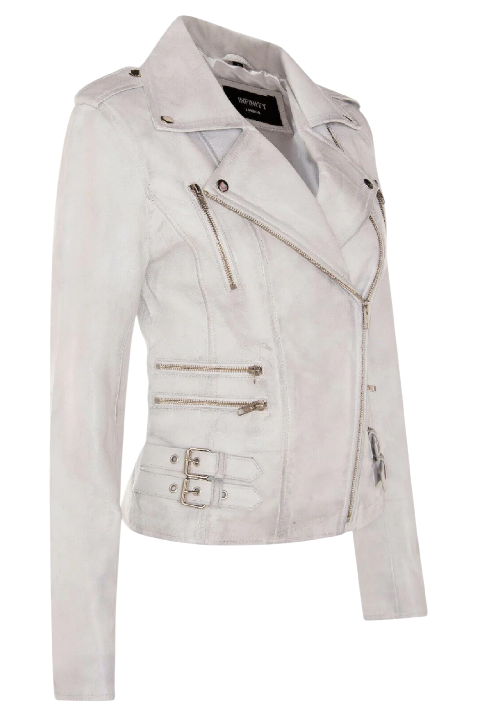 White Leather Brando Biker Jacket-Loddon, Image 2 of 6