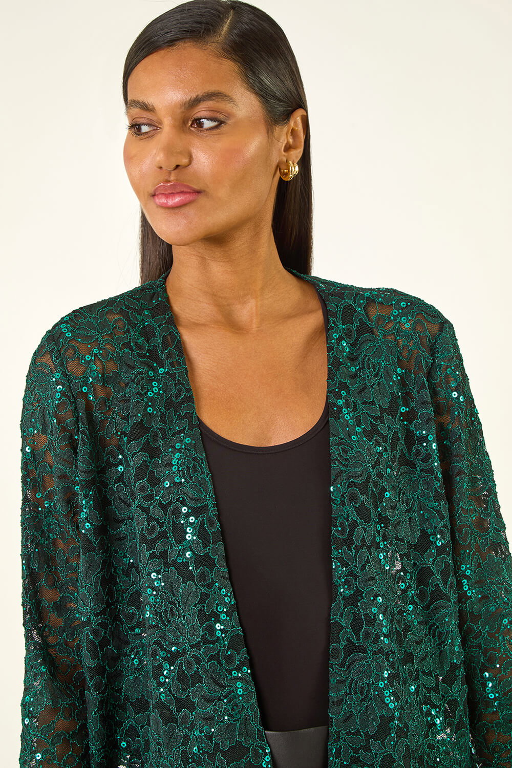 Green Glitter Sequin Lace Top, Image 1 of 5