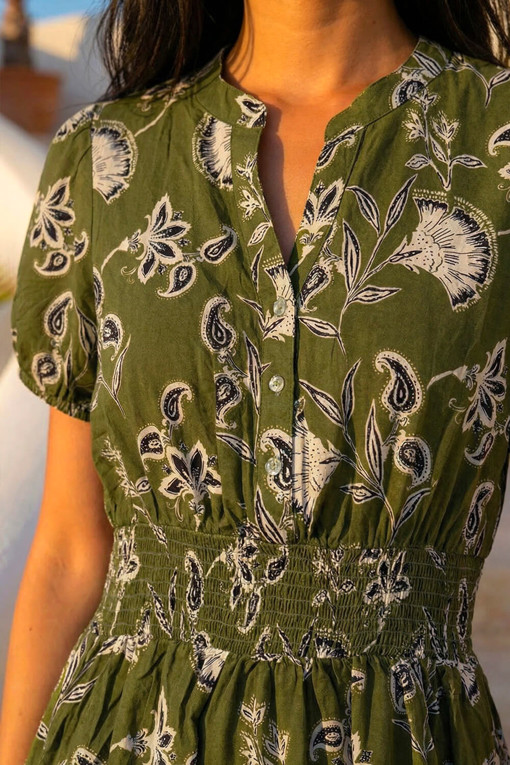 Khaki Petite Floral Print Shirred Midi Dress , Image 5 of 4