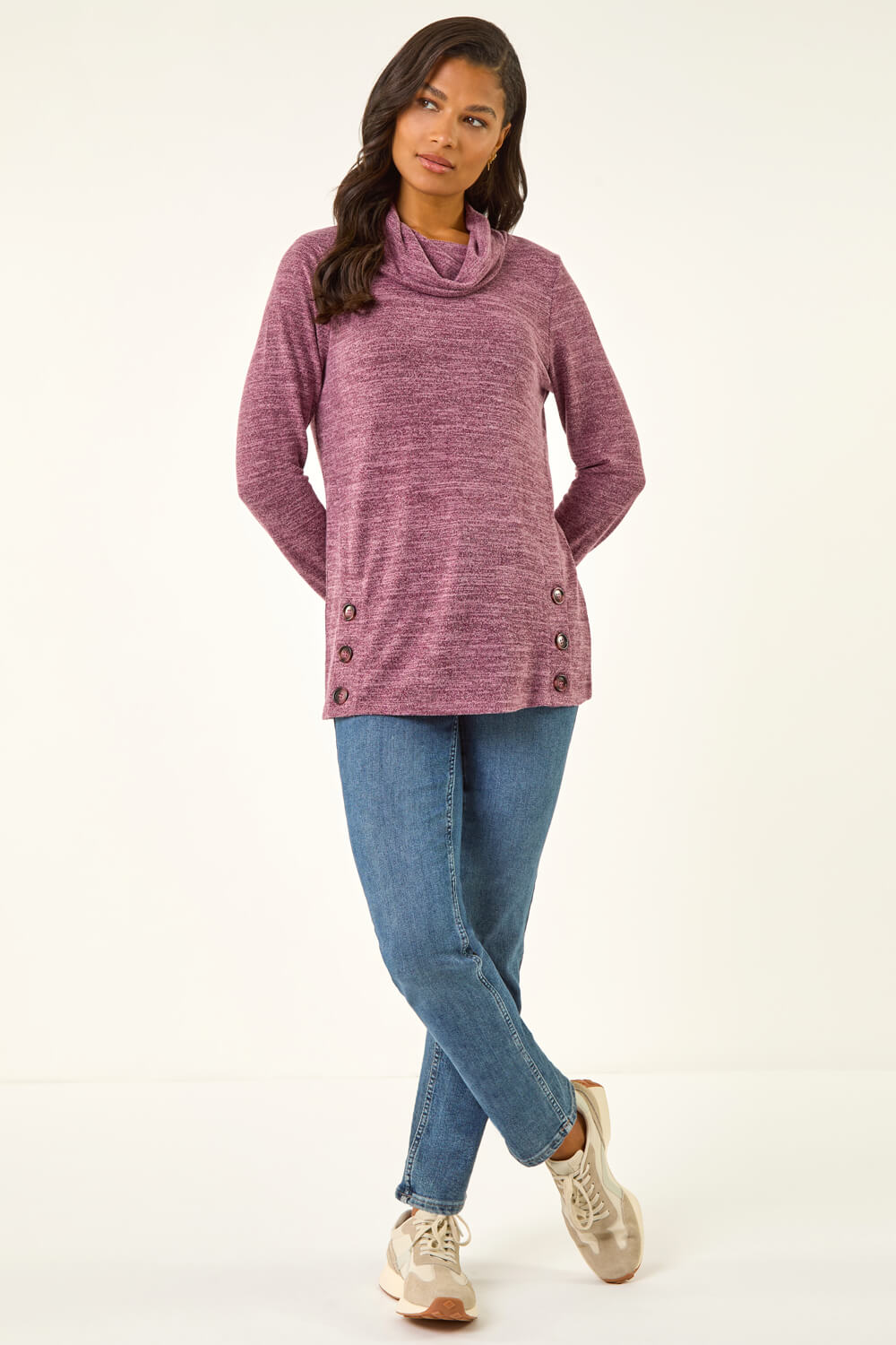 Purple Cowl Neck Buttoned Top, Image 3 of 5