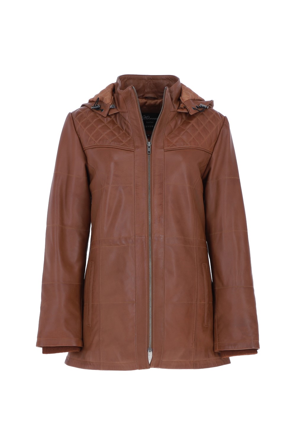 Tan Real Leather Hooded Duffle Jacket, Image 2 of 5
