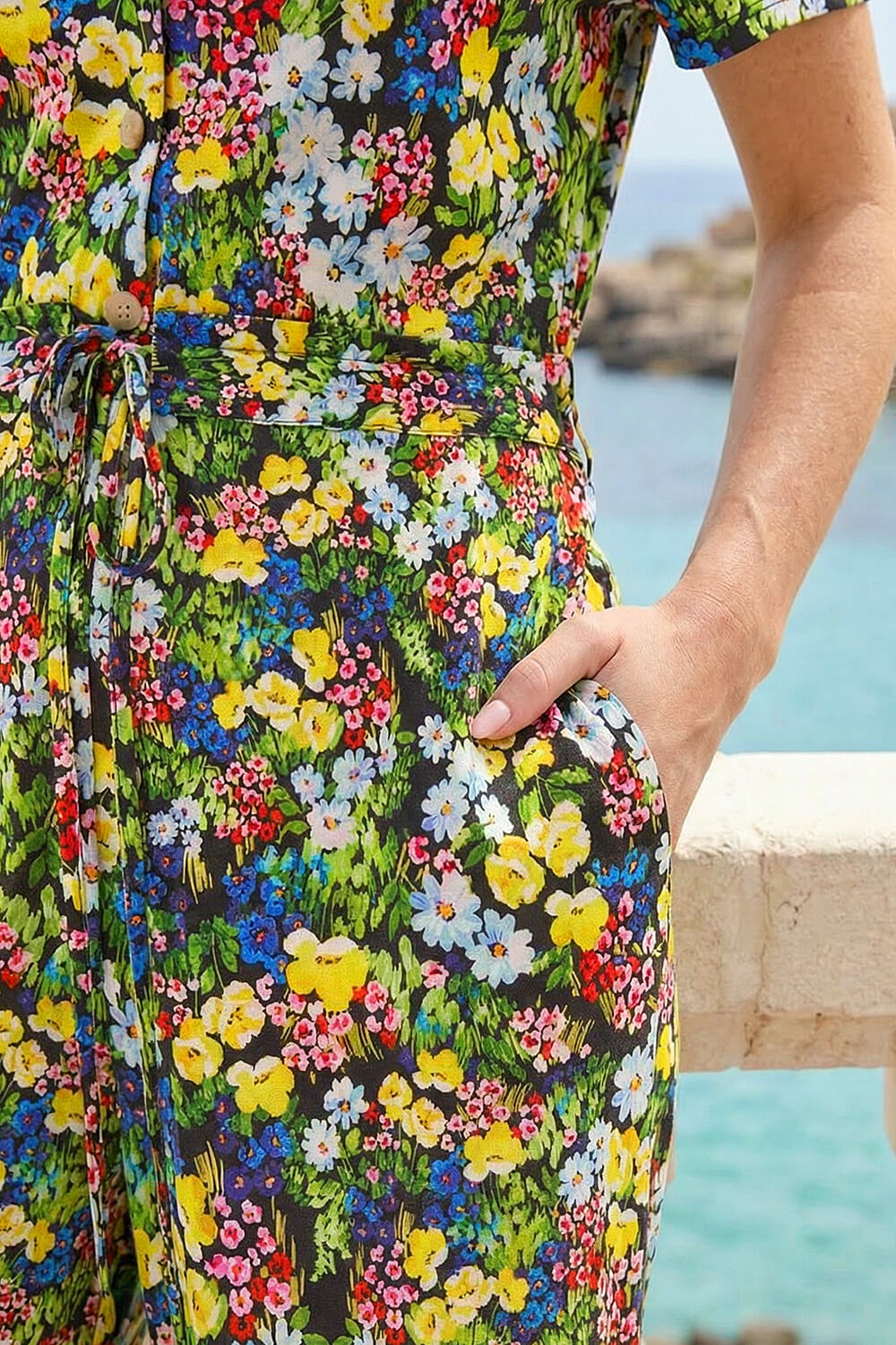 Black Petite Floral Button Front Jumpsuit, Image 5 of 4