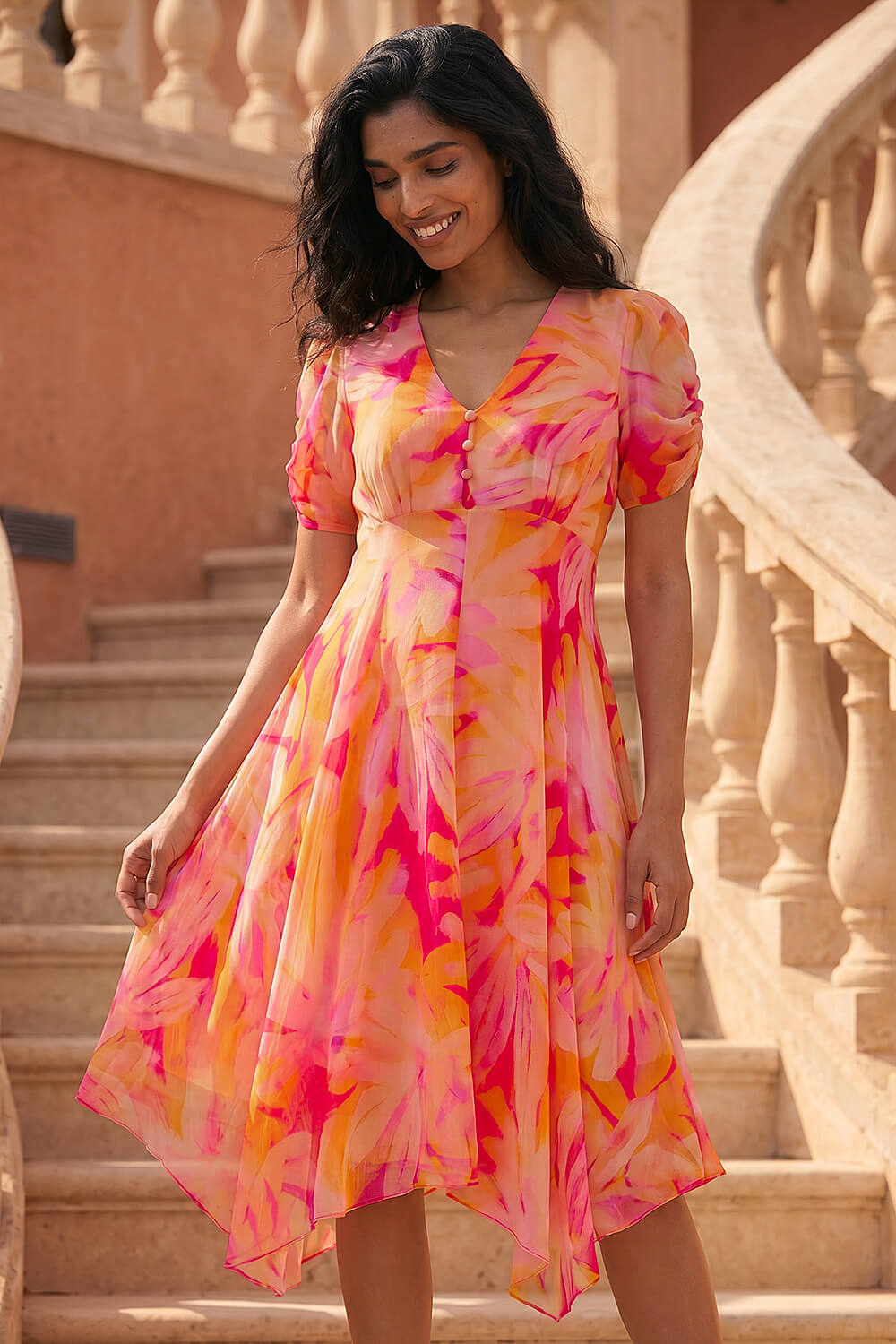 Orange Abstract Painted Floral Hanky Hem Dress, Image 1 of 4
