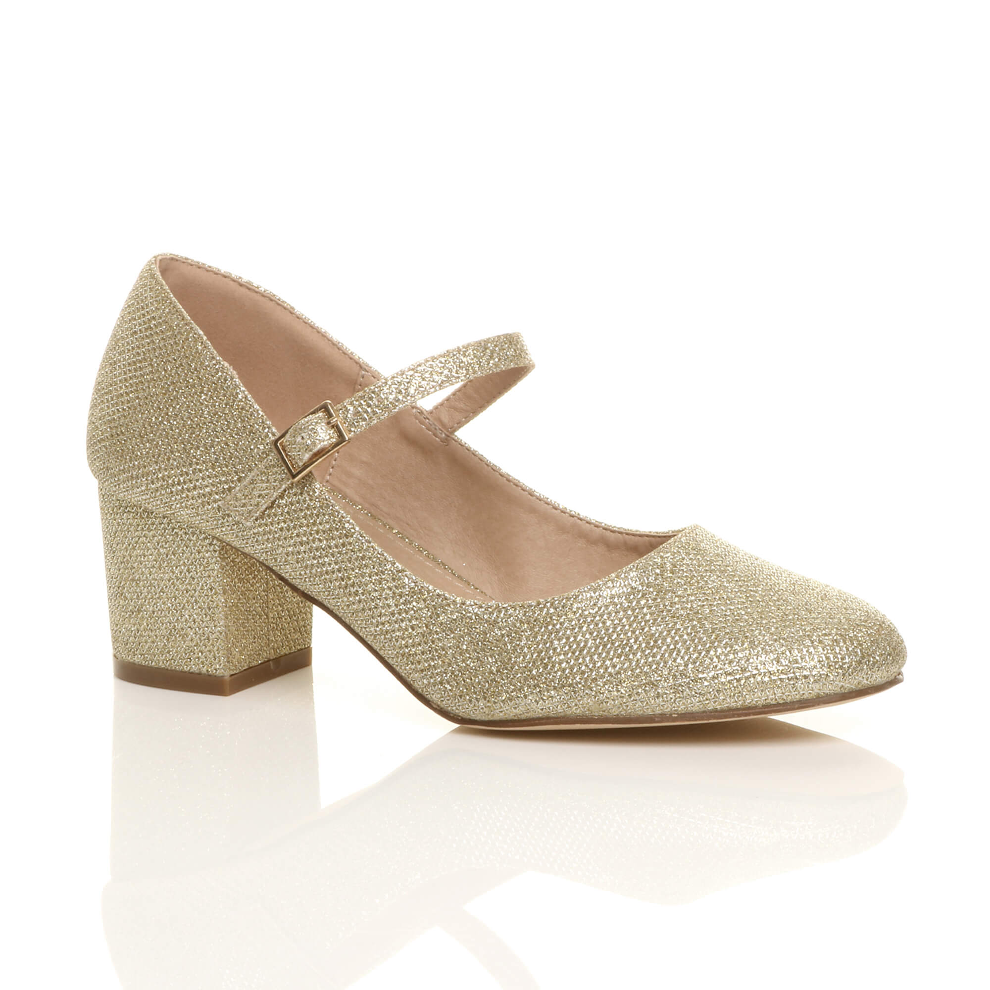 Metallic Mid Block Heel Mary Jane Glitter Court Shoes