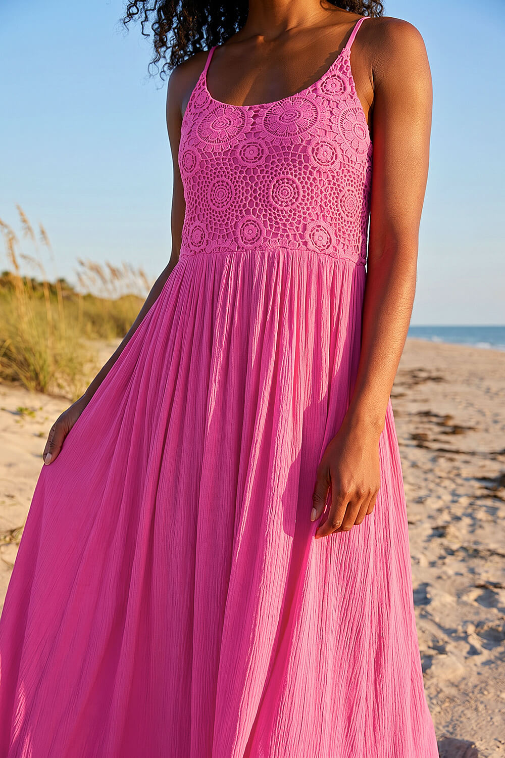 Fuchsia Lace Bodice Shirred Midi Dress, Image 5 of 4