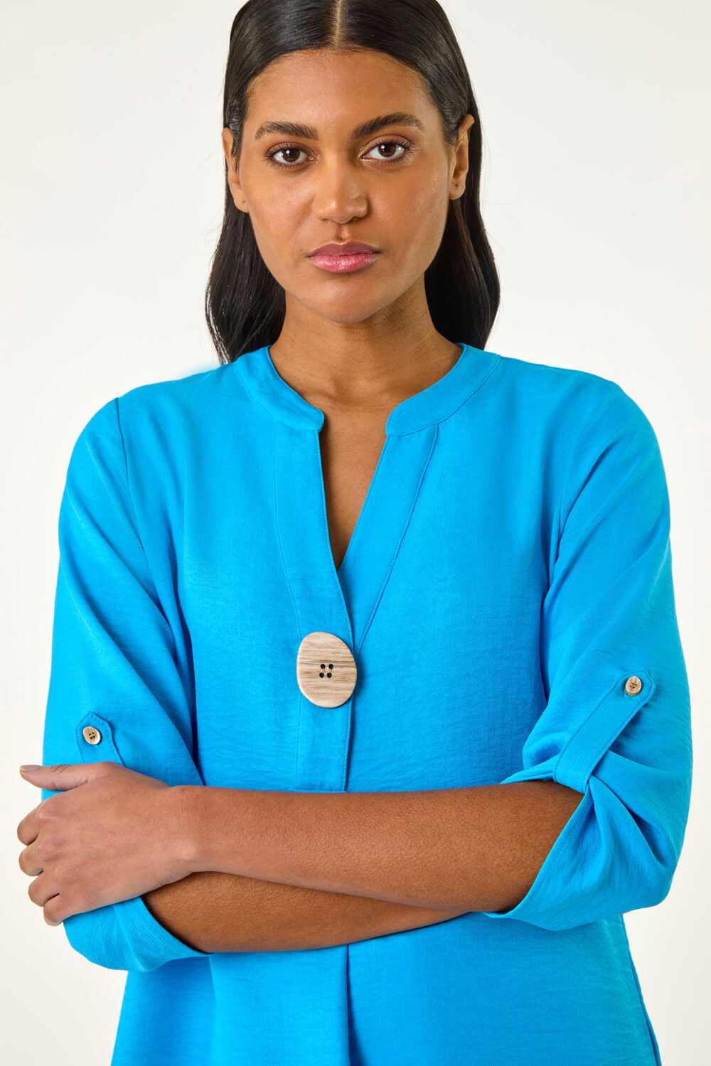 Blue V-Neck Button Detail Top, Image 5 of 5