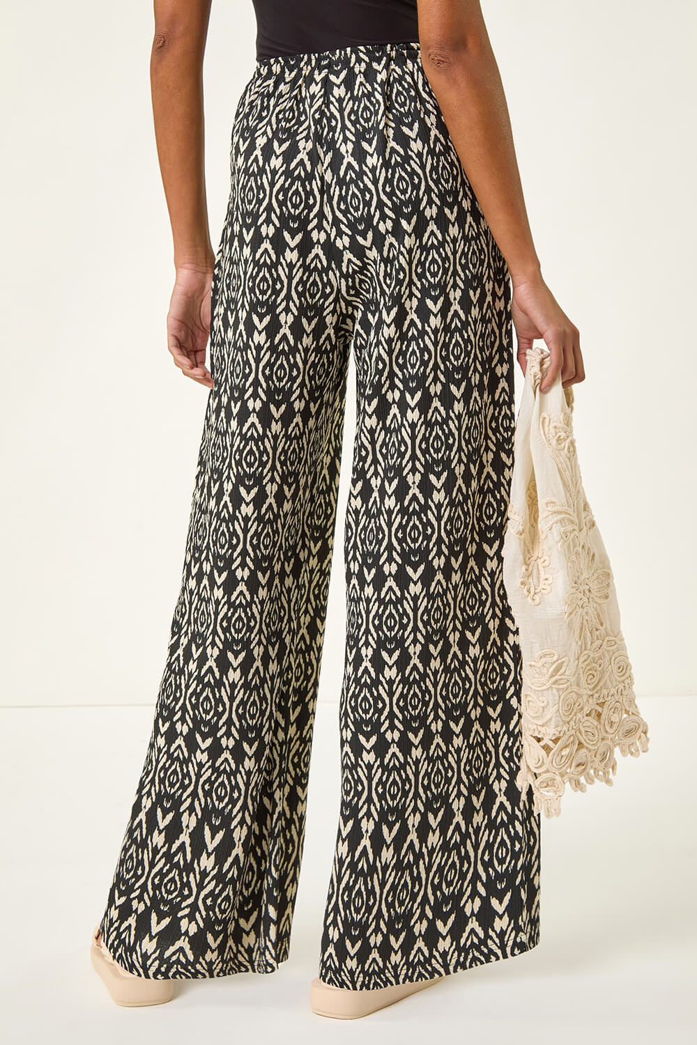 Black Crinkle Print Tie Detail Trousers, Image 4 of 5