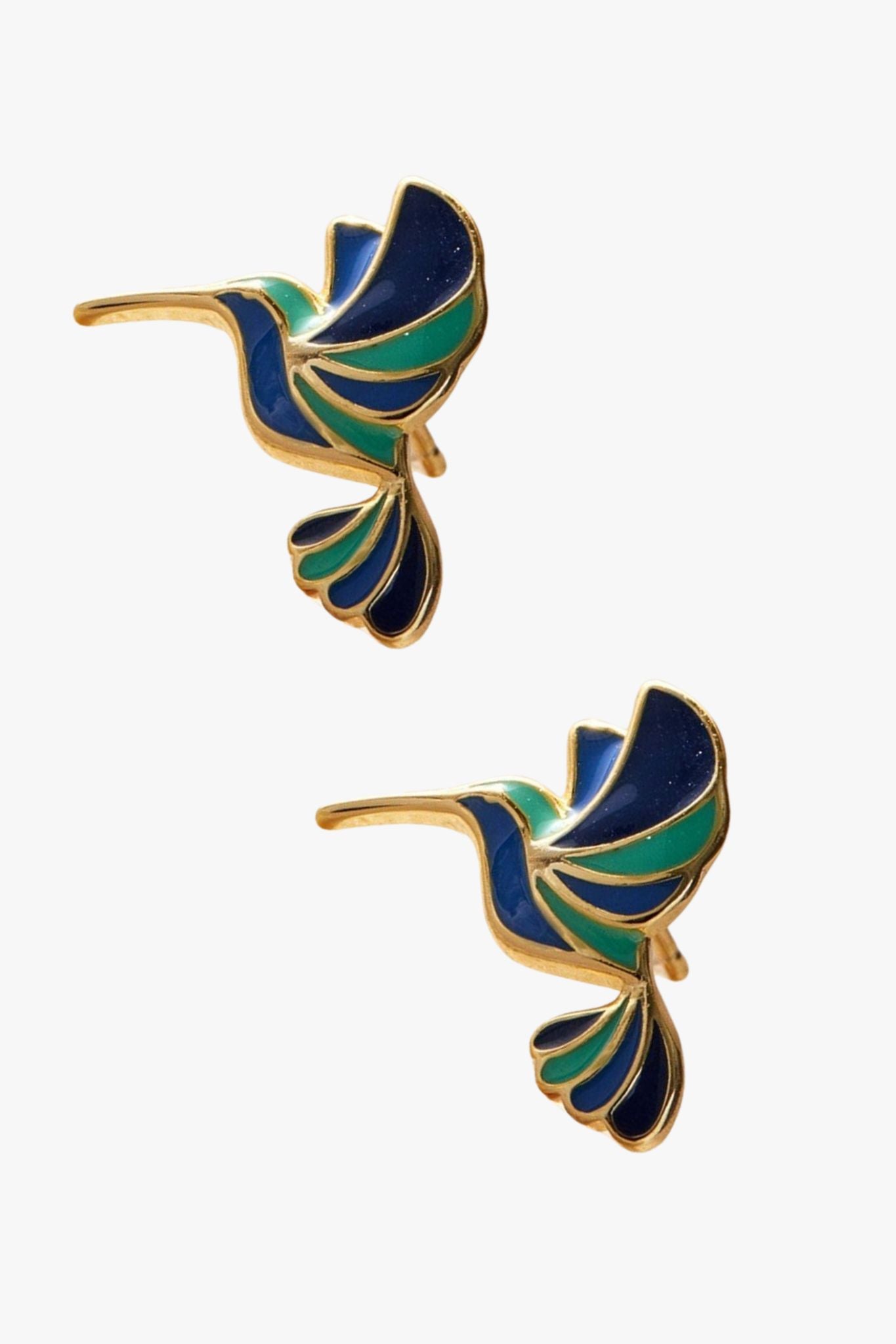 Gold Sterling Silver Blue Hummingbird Studs, Image 2 of 2