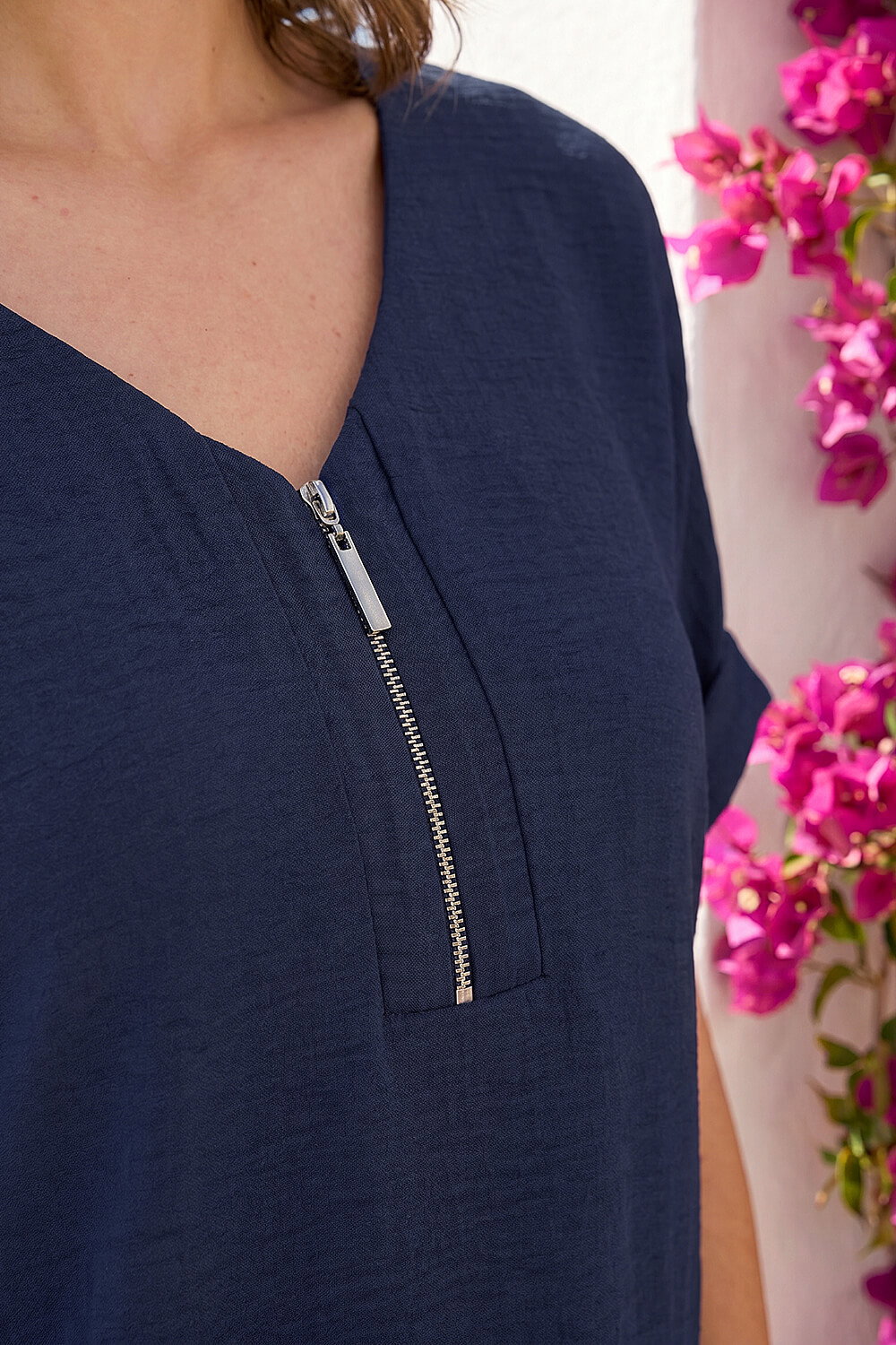Navy Petite Zip Front V-Neck Top , Image 5 of 4