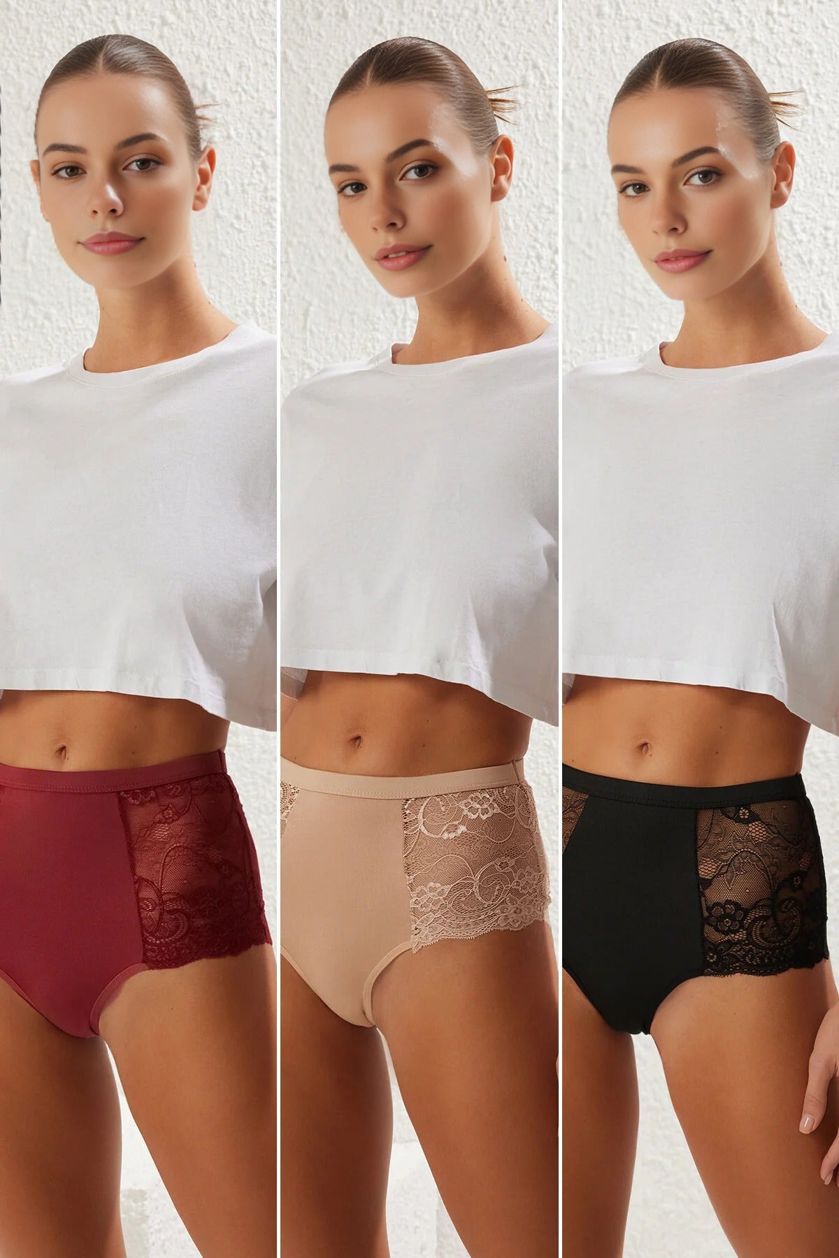 Multi 3 Pack Lace Detail High Waist Knitted Briefs, Image 1 of 5